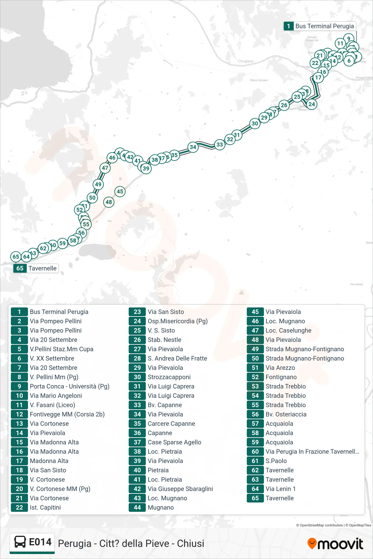 Linea E014  bus (Bus Terminal Perugia‎→Tavernelle) - Percorsi e fermate sulla mappa