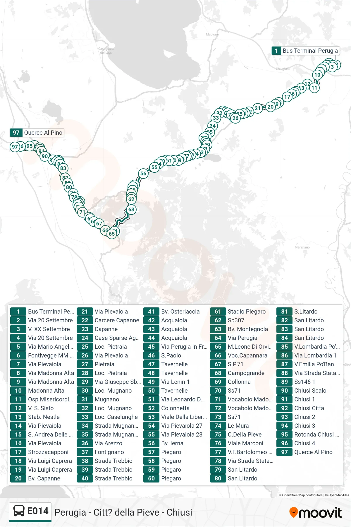 Linea E014  bus (Bus Terminal Perugia‎→Querce Al Pino) - Percorsi e fermate sulla mappa