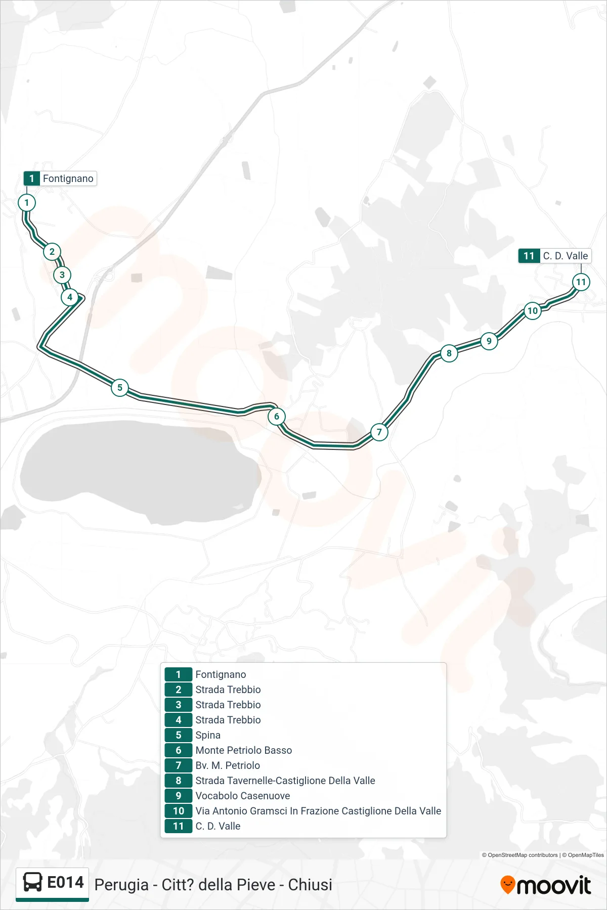 Linea E014  bus (Fontignano‎→C. D. Valle) - Percorsi e fermate sulla mappa