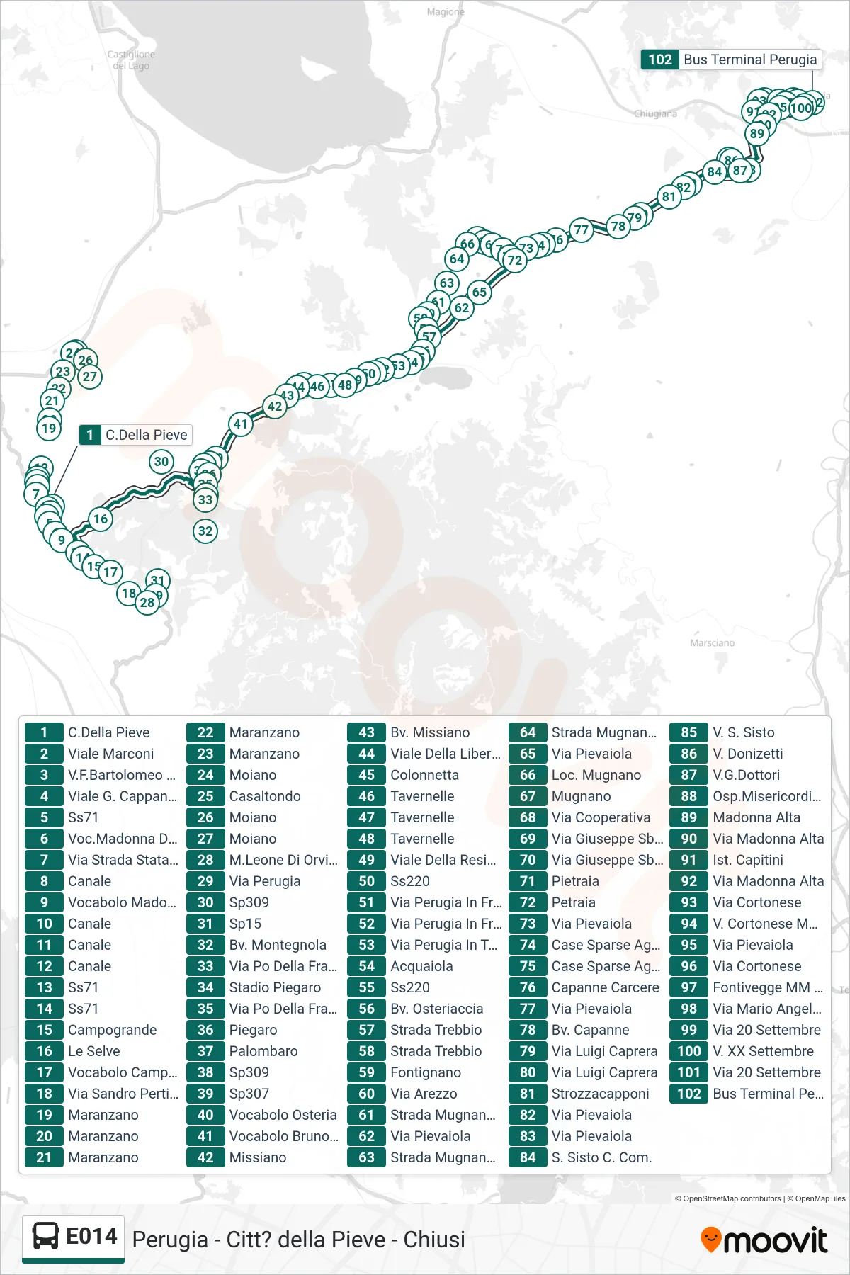Linea E014 bus (C.Della Pieve→Bus Terminal Perugia) - Percorsi e fermate sulla mappa