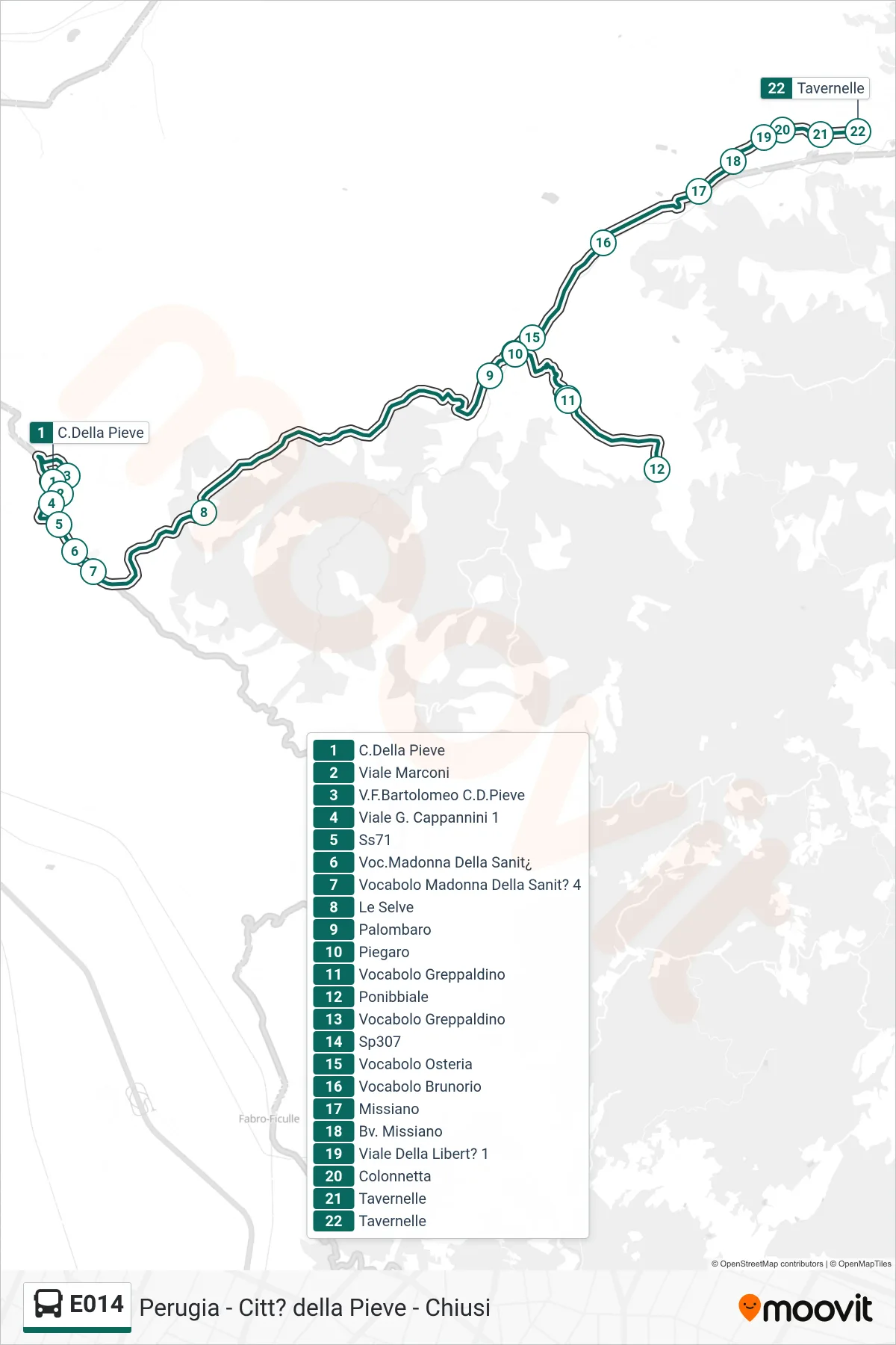 Linea E014  bus (C.Della Pieve‎→Tavernelle) - Percorsi e fermate sulla mappa
