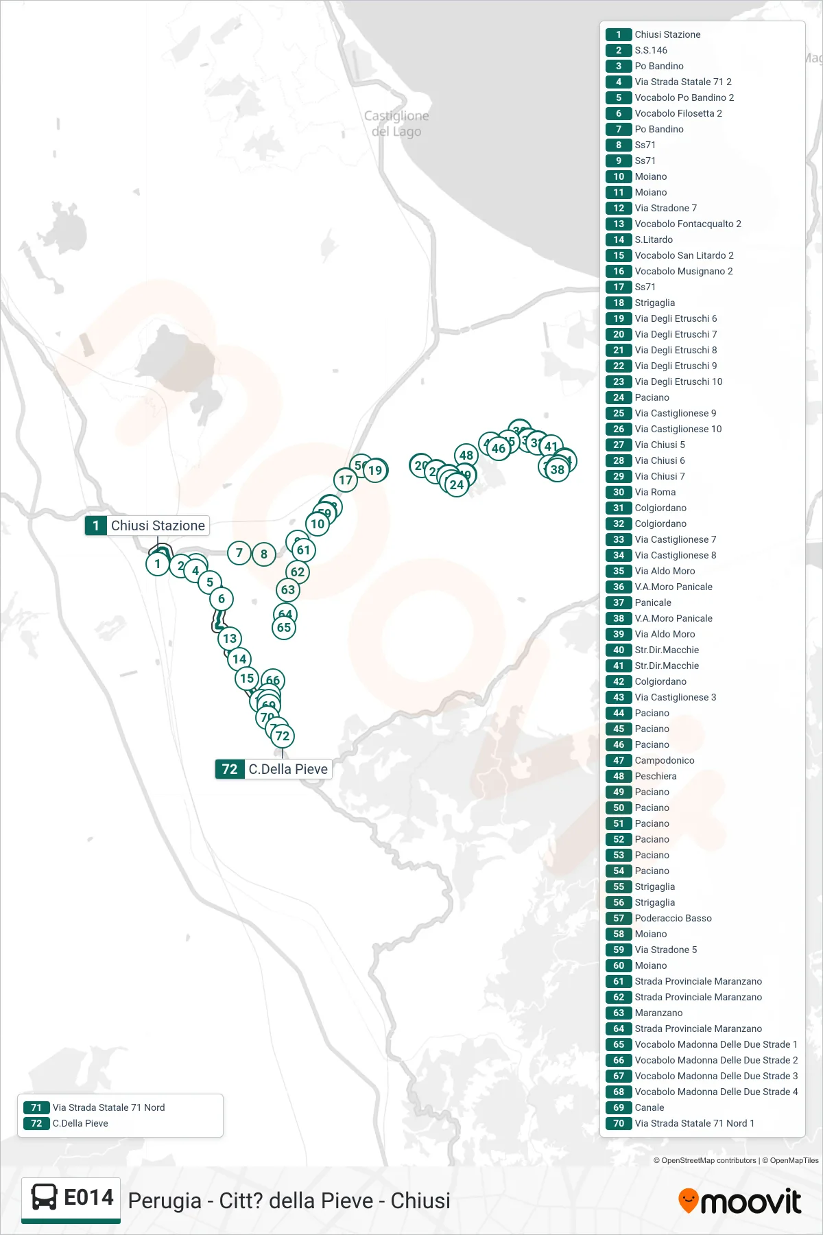 Linea E014 bus (Chiusi Stazione→C.Della Pieve) - Percorsi e fermate sulla mappa