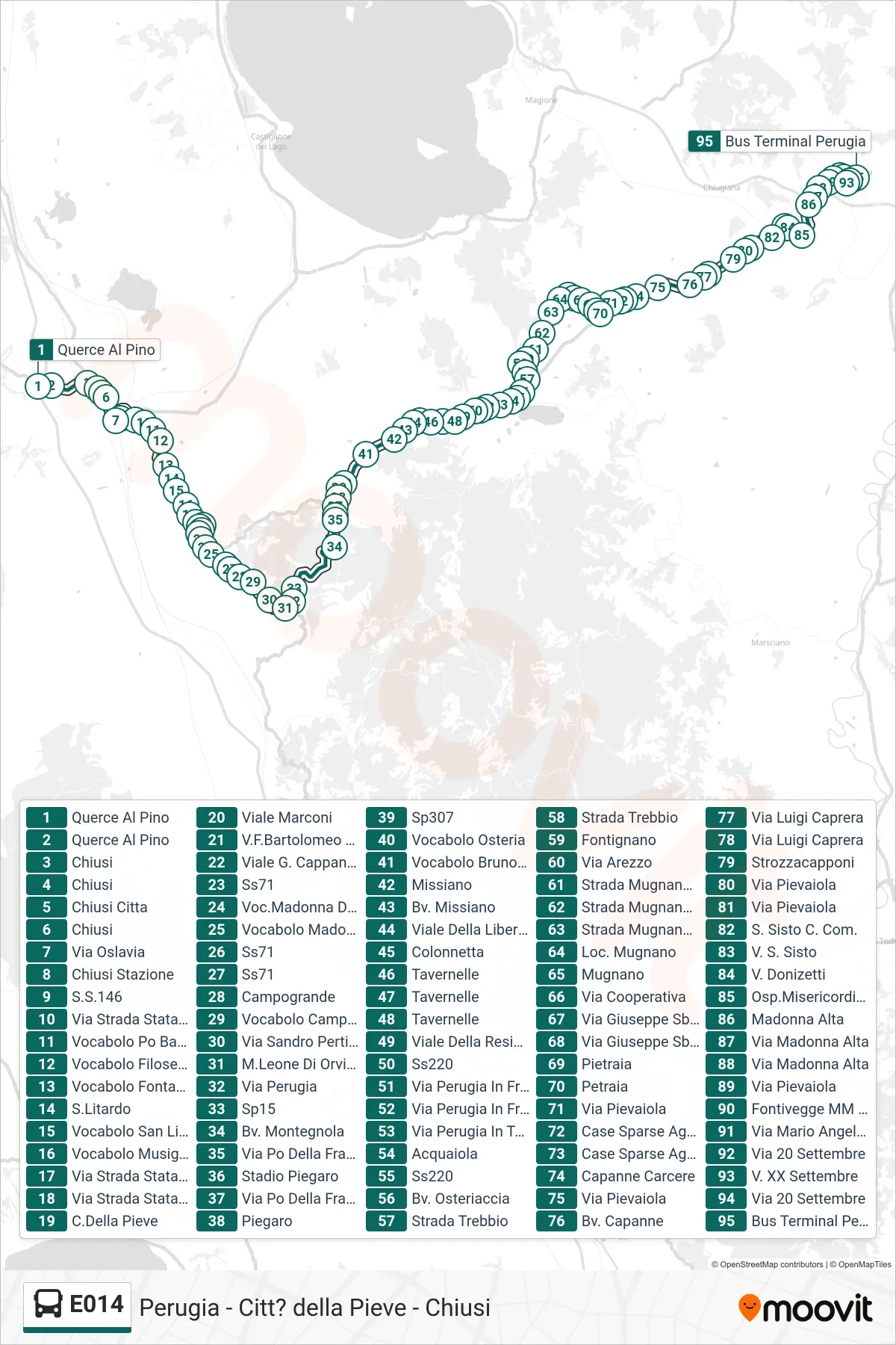 Linea E014 bus (Querce Al Pino→Bus Terminal Perugia) - Percorsi e fermate sulla mappa
