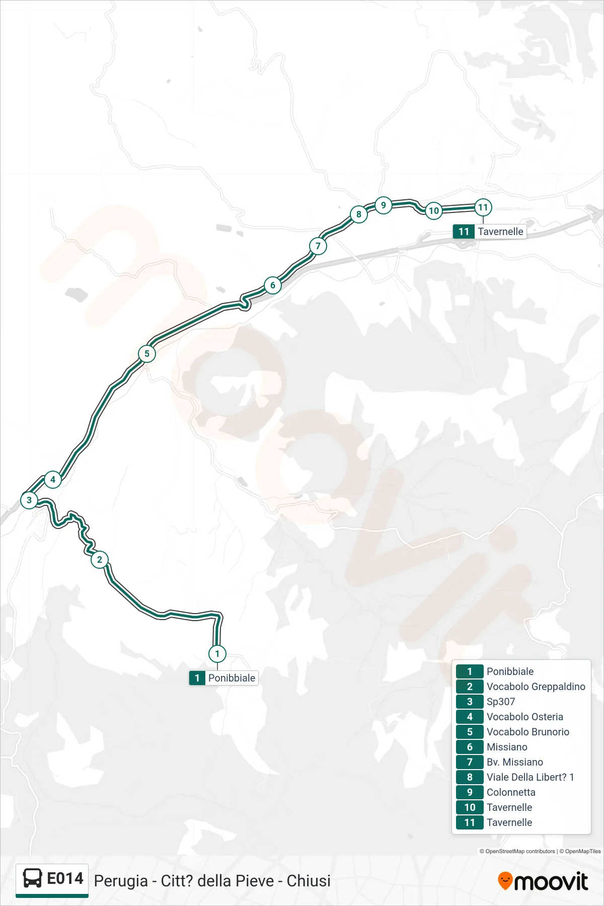 Linea E014 bus (Ponibbiale→Tavernelle) - Percorsi e fermate sulla mappa