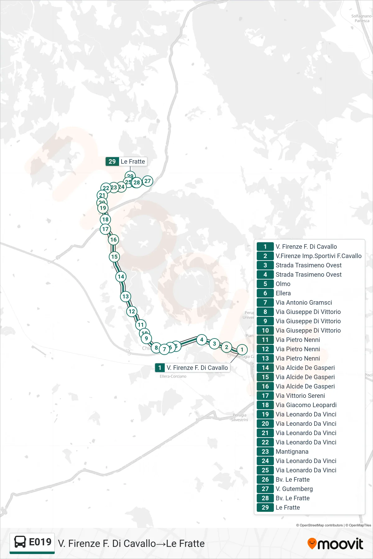 Linea E019  bus (V. Firenze F. Di Cavallo‎→Le Fratte) - Percorsi e fermate sulla mappa