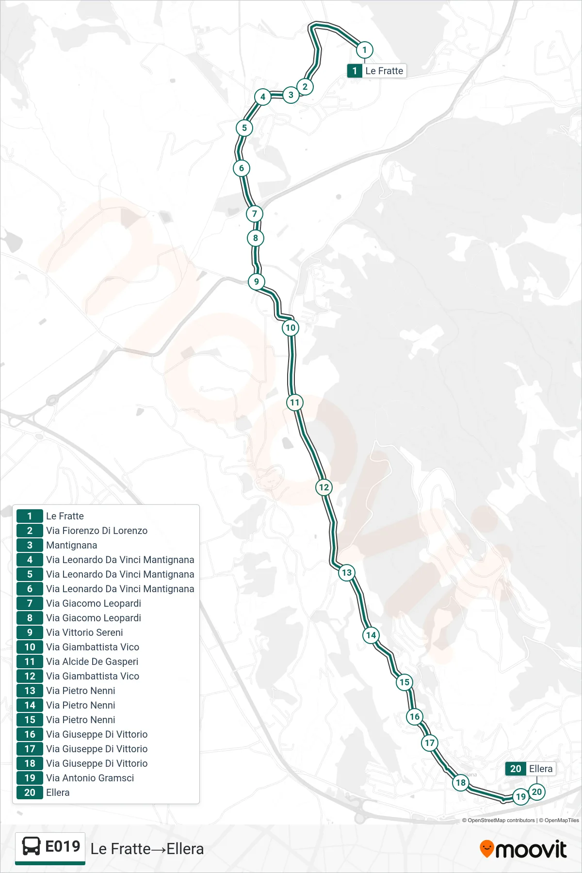 Linea E019 bus (Le Fratte→Ellera) - Percorsi e fermate sulla mappa