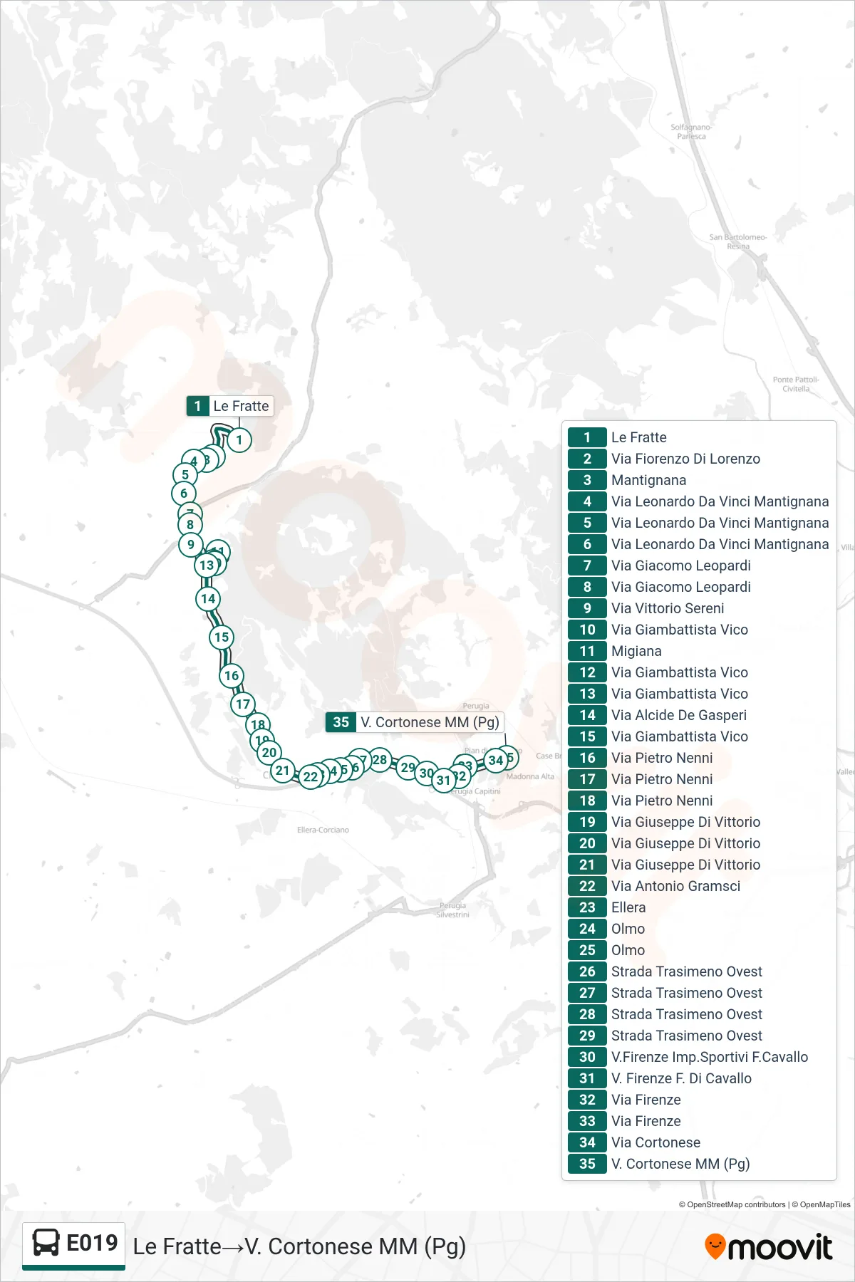 Linea E019 bus (Le Fratte→V. Cortonese MM (Pg)) - Percorsi e fermate sulla mappa