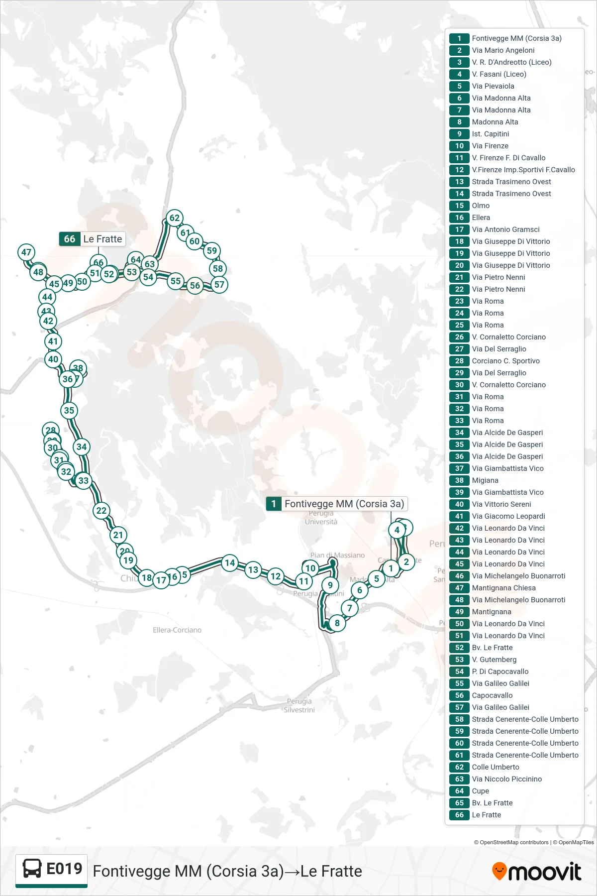 Linea E019 bus (Fontivegge MM (Corsia 3a)→Le Fratte) - Percorsi e fermate sulla mappa