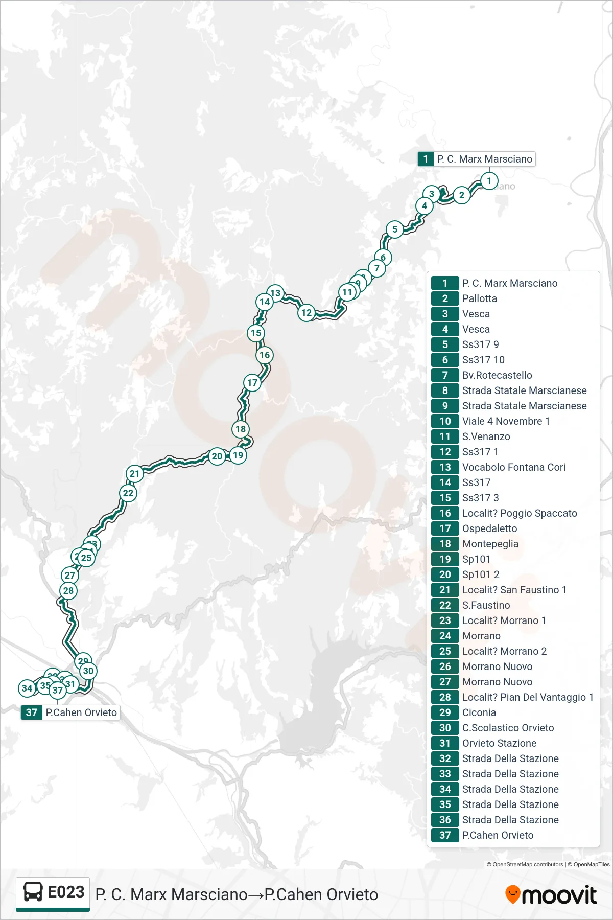 Linea E023 bus (P. C. Marx Marsciano→P.Cahen Orvieto) - Percorsi e fermate sulla mappa