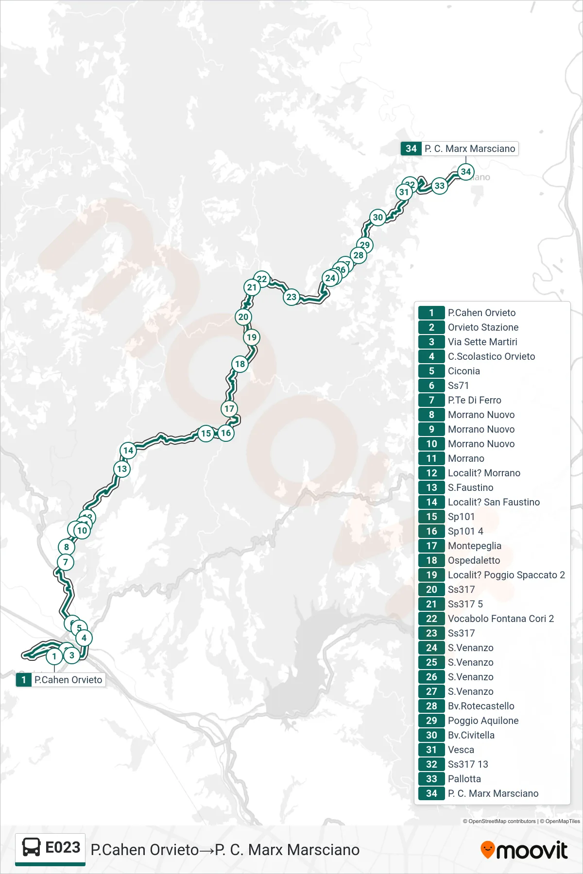 Linea E023 bus (P.Cahen Orvieto→P. C. Marx Marsciano) - Percorsi e fermate sulla mappa