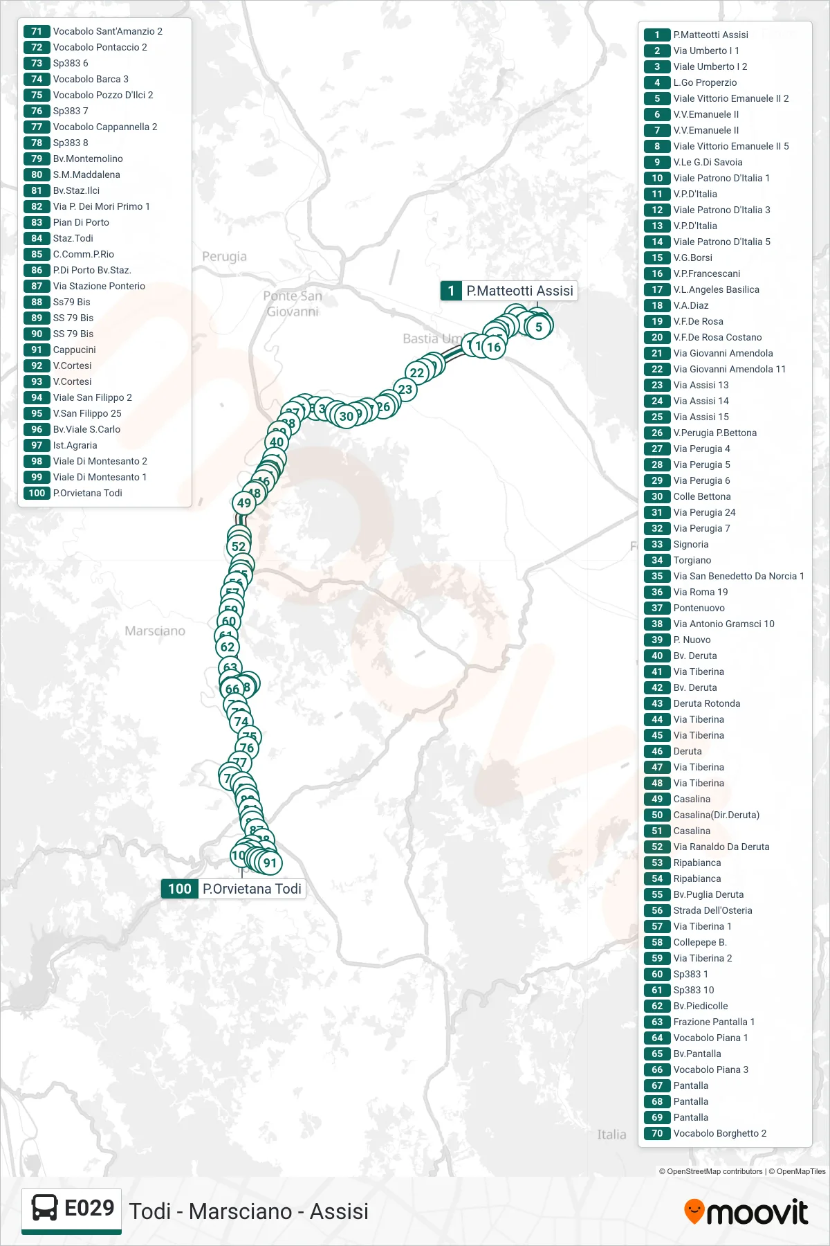 Linea E029 bus (P.Matteotti Assisi→P.Orvietana Todi) - Percorsi e fermate sulla mappa