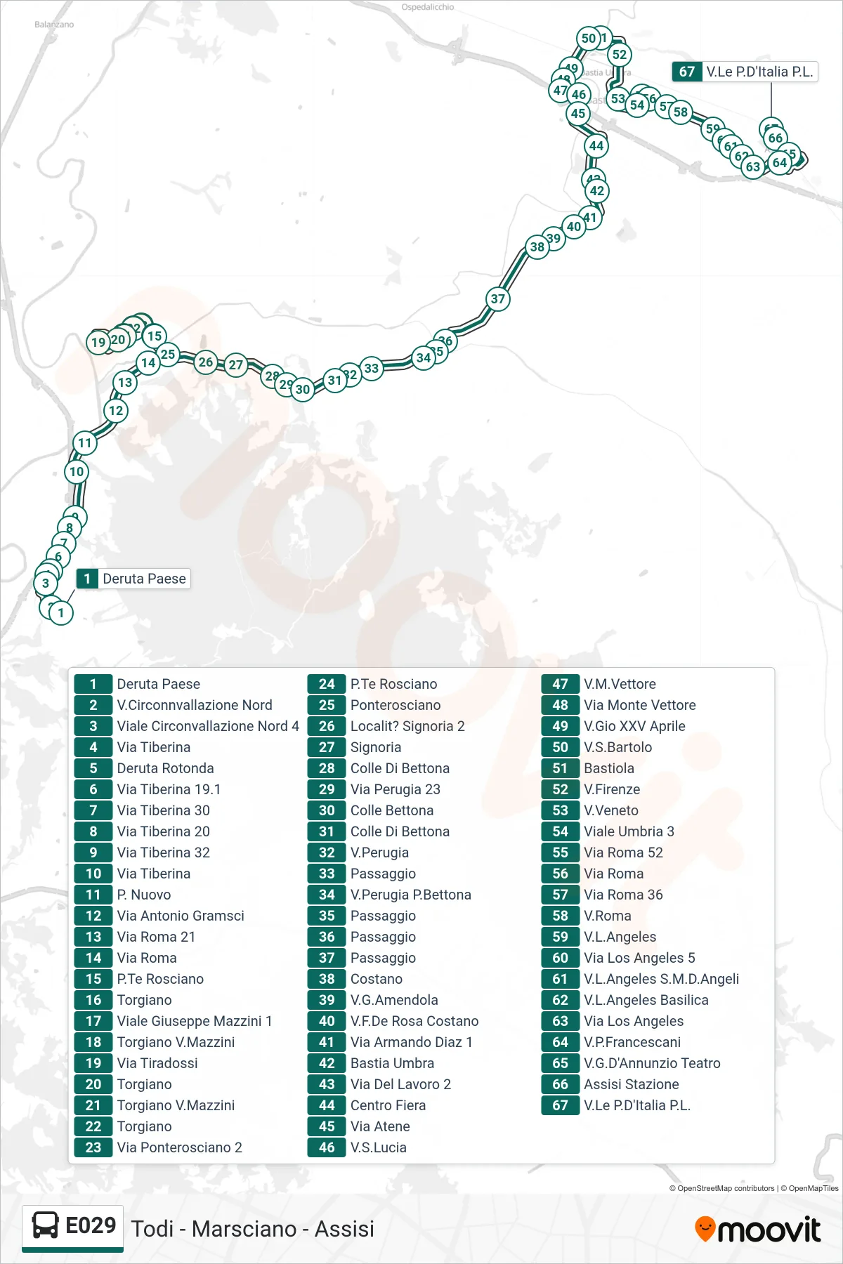 Linea E029 bus (Deruta Paese→V.Le P.D'Italia P.L.) - Percorsi e fermate sulla mappa