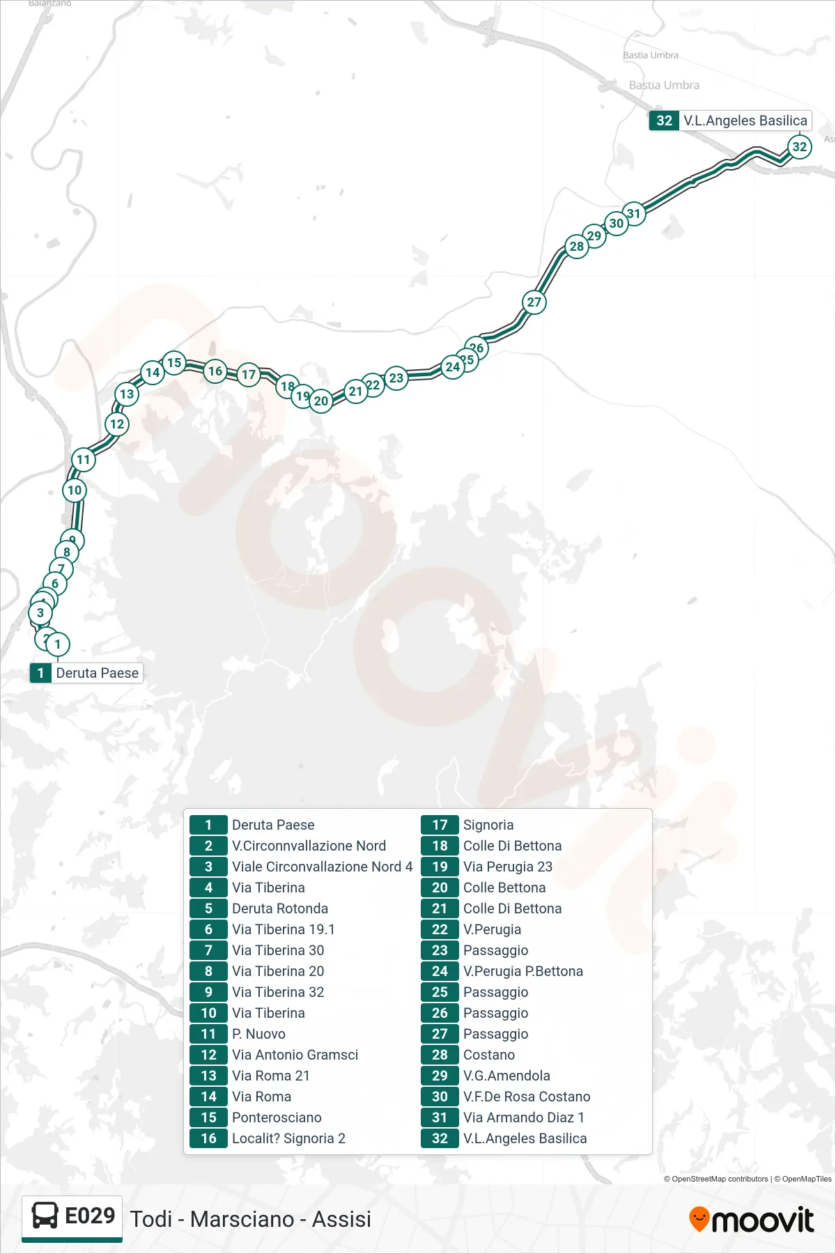 Linea E029 bus (Deruta Paese→V.L.Angeles Basilica) - Percorsi e fermate sulla mappa
