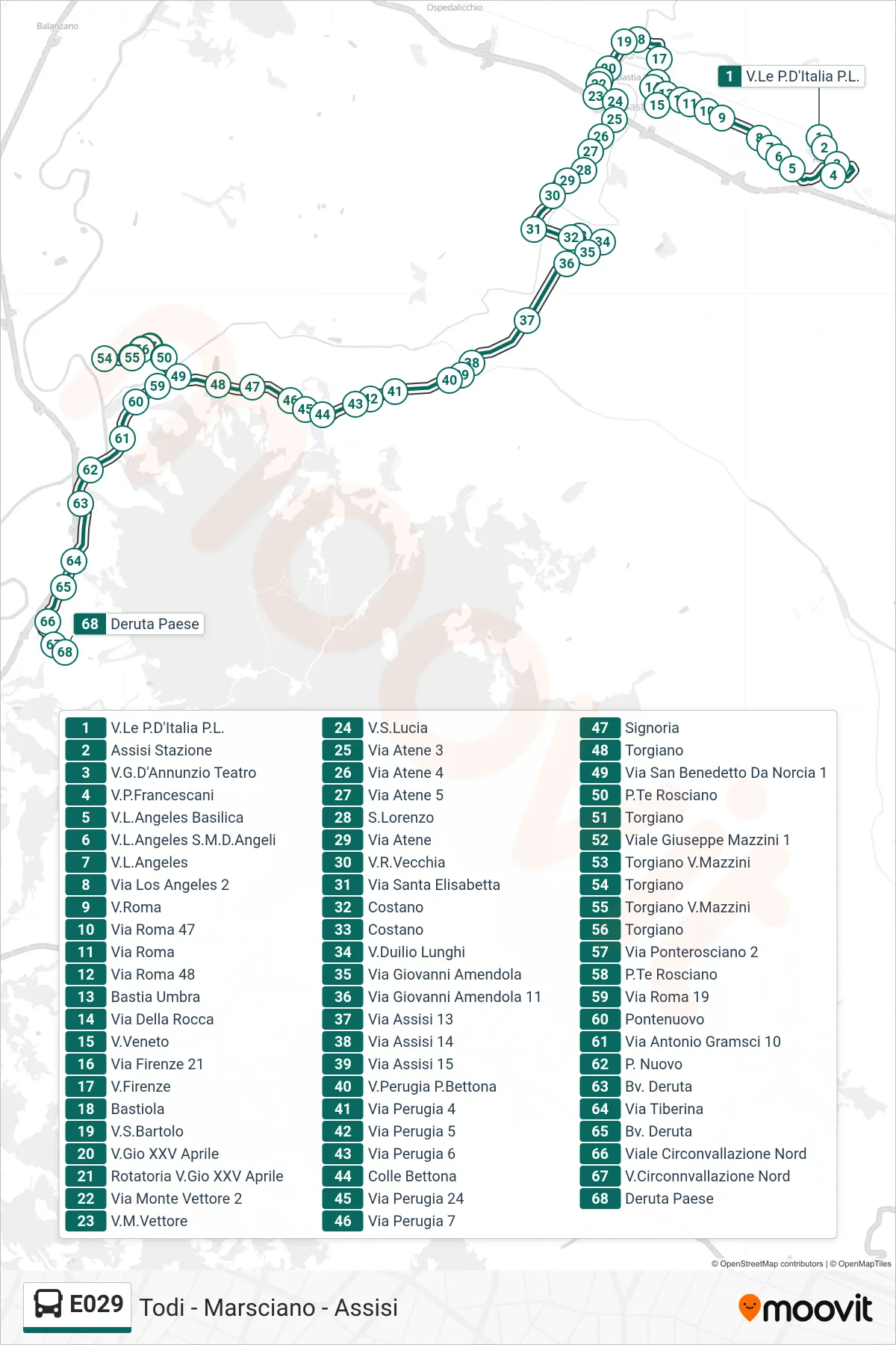 Linea E029 bus (V.Le P.D'Italia P.L.→Deruta Paese) - Percorsi e fermate sulla mappa