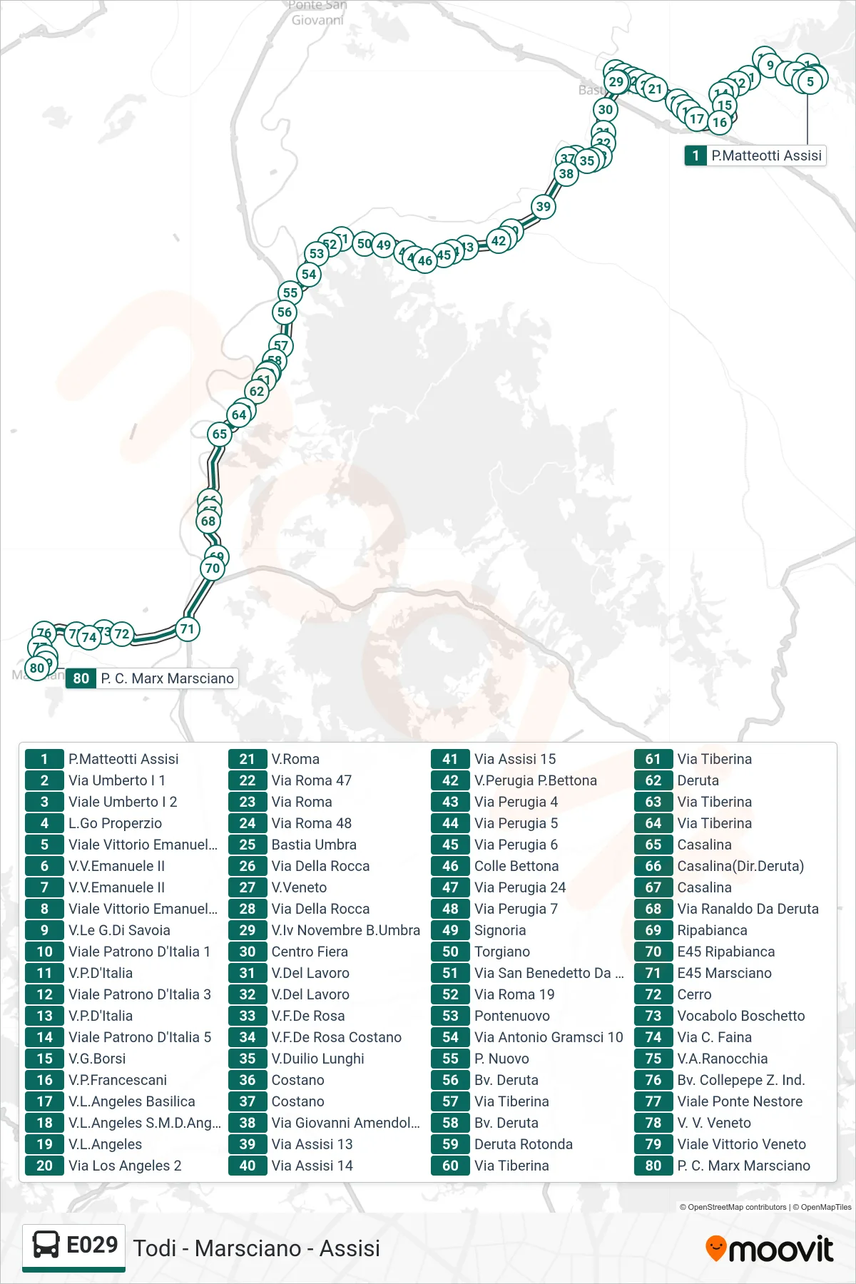 Linea E029 bus (P.Matteotti Assisi→P. C. Marx Marsciano) - Percorsi e fermate sulla mappa