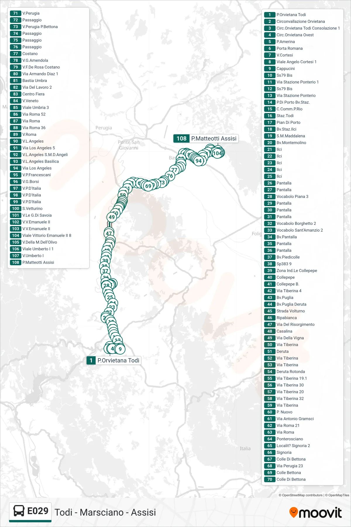Linea E029 bus (P.Orvietana Todi→P.Matteotti Assisi) - Percorsi e fermate sulla mappa