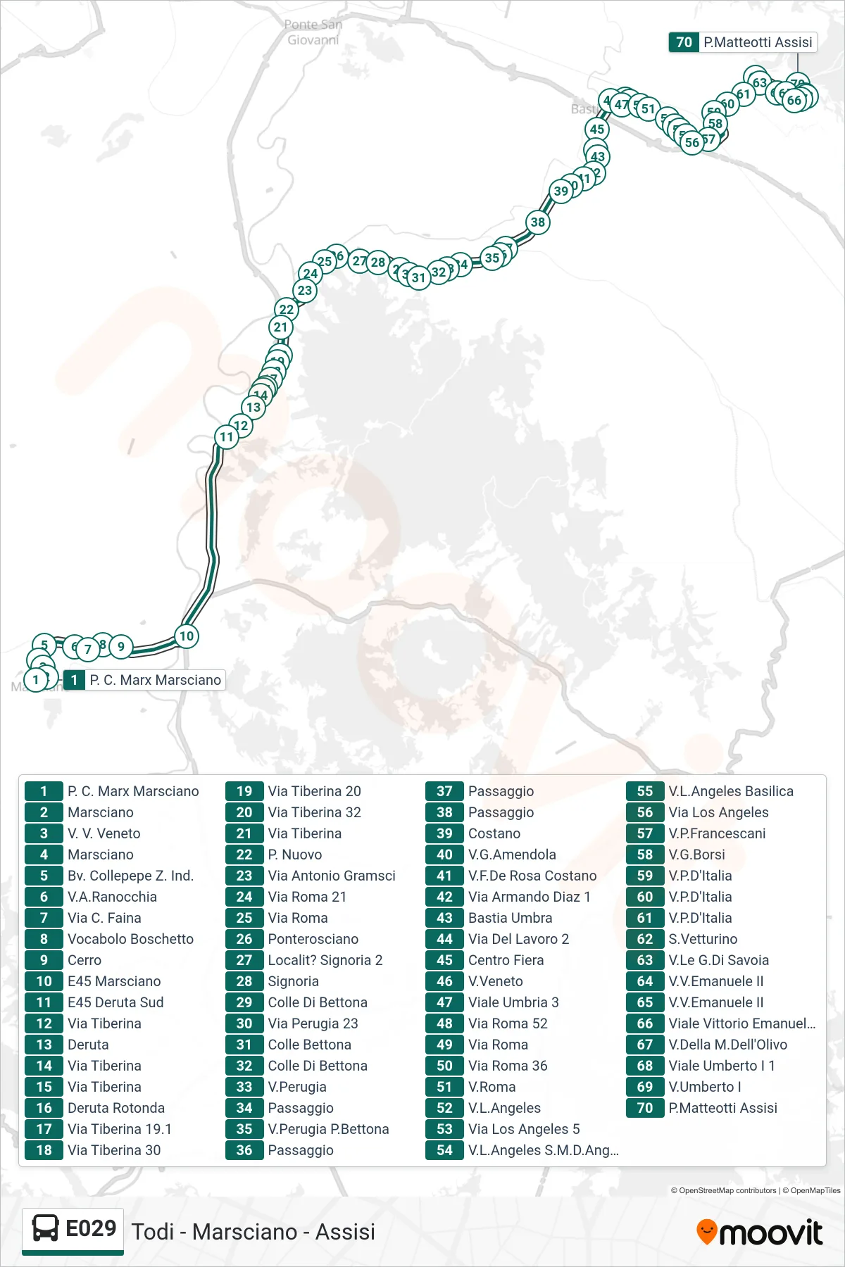 Linea E029 bus (P. C. Marx Marsciano→P.Matteotti Assisi) - Percorsi e fermate sulla mappa