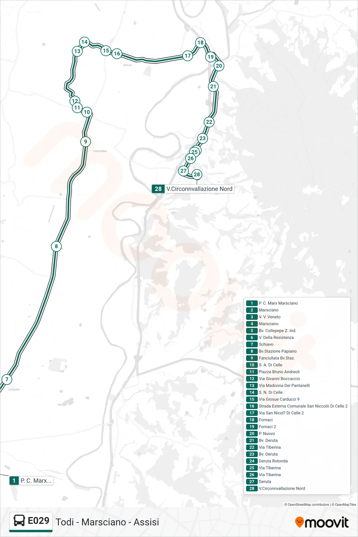 Linea E029 bus (P. C. Marx Marsciano→V.Circonnvallazione Nord) - Percorsi e fermate sulla mappa