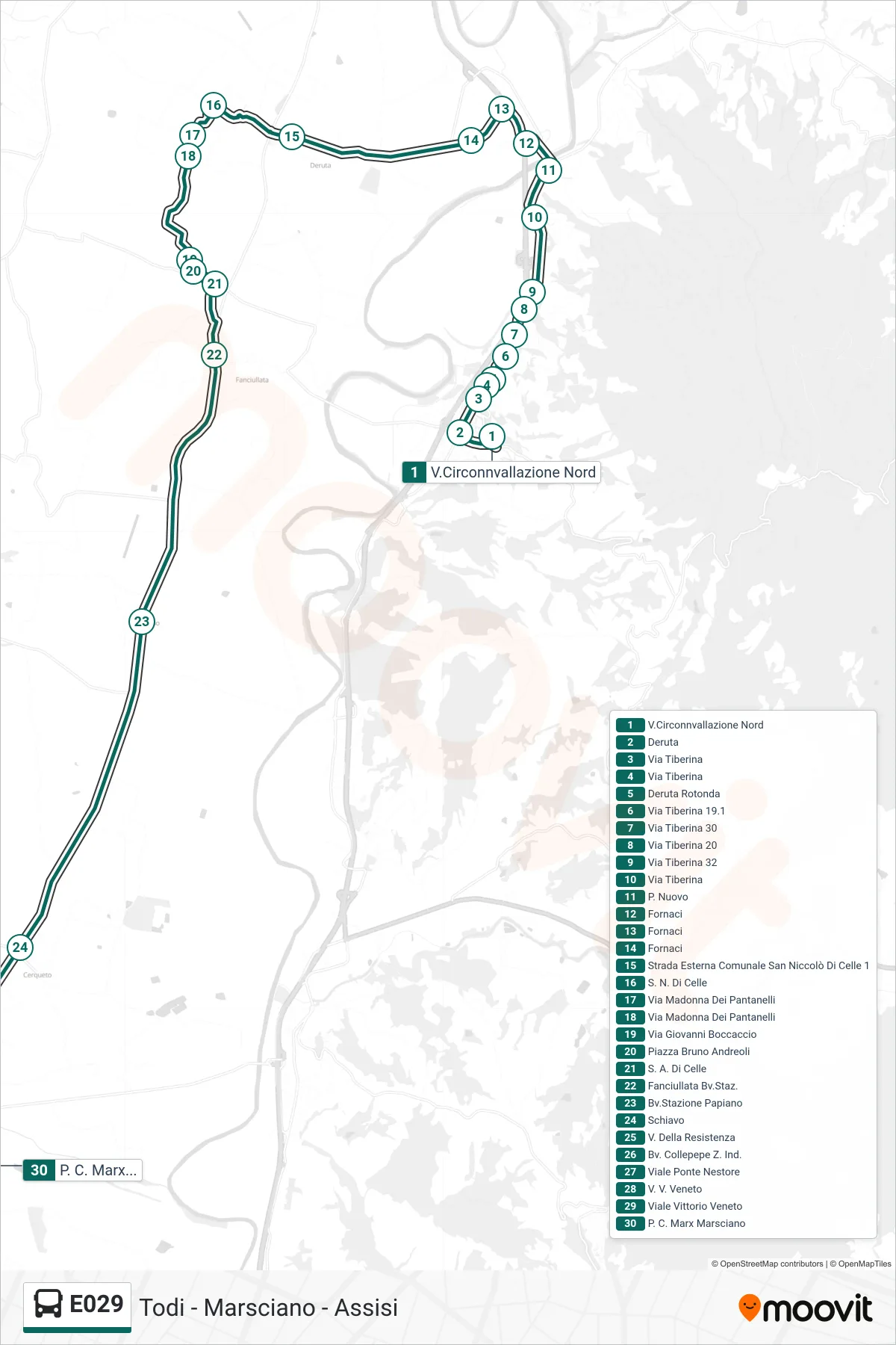 Linea E029  bus (V.Circonnvallazione Nord‎→P. C. Marx Marsciano) - Percorsi e fermate sulla mappa