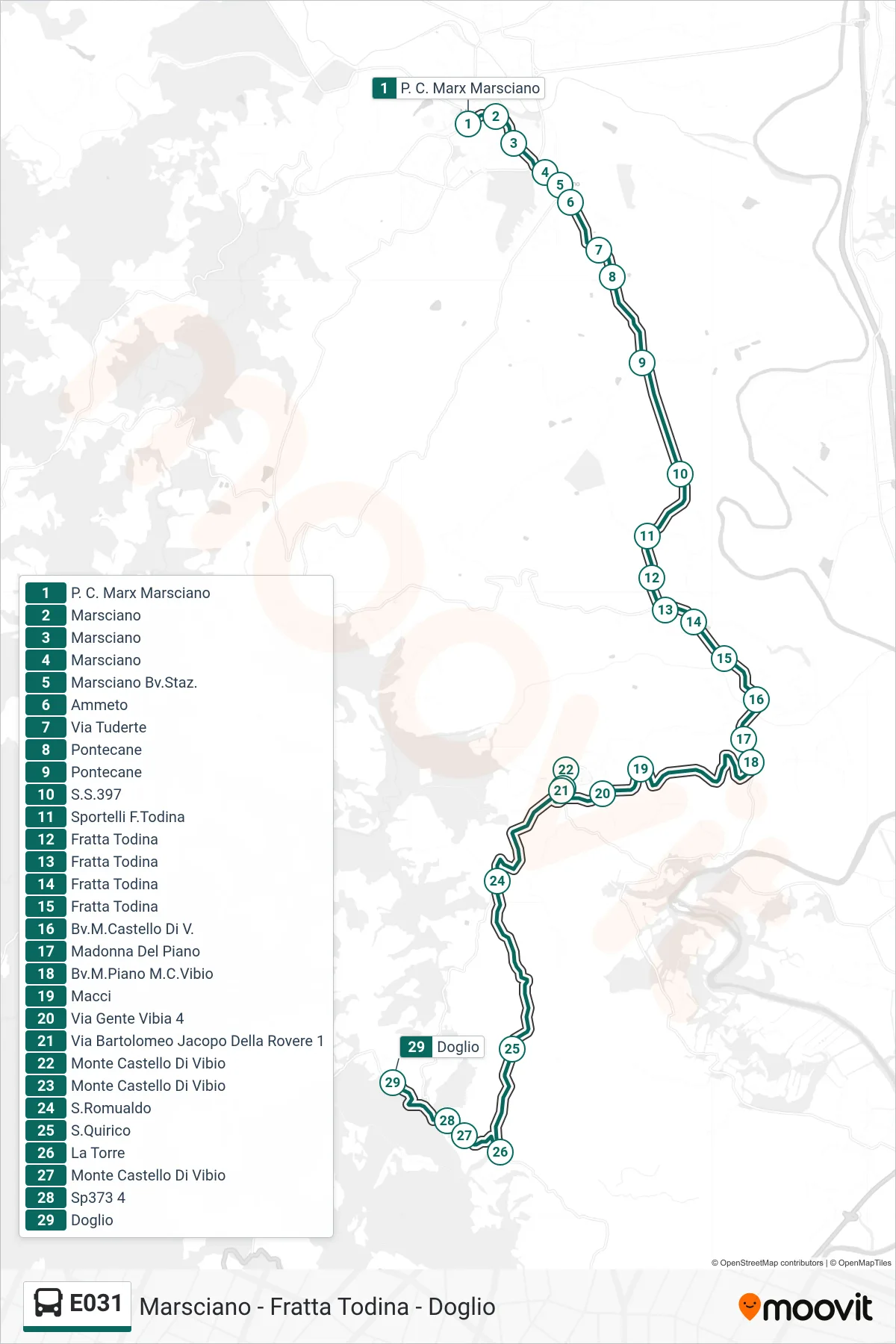Linea E031 bus (P. C. Marx Marsciano→Doglio) - Percorsi e fermate sulla mappa