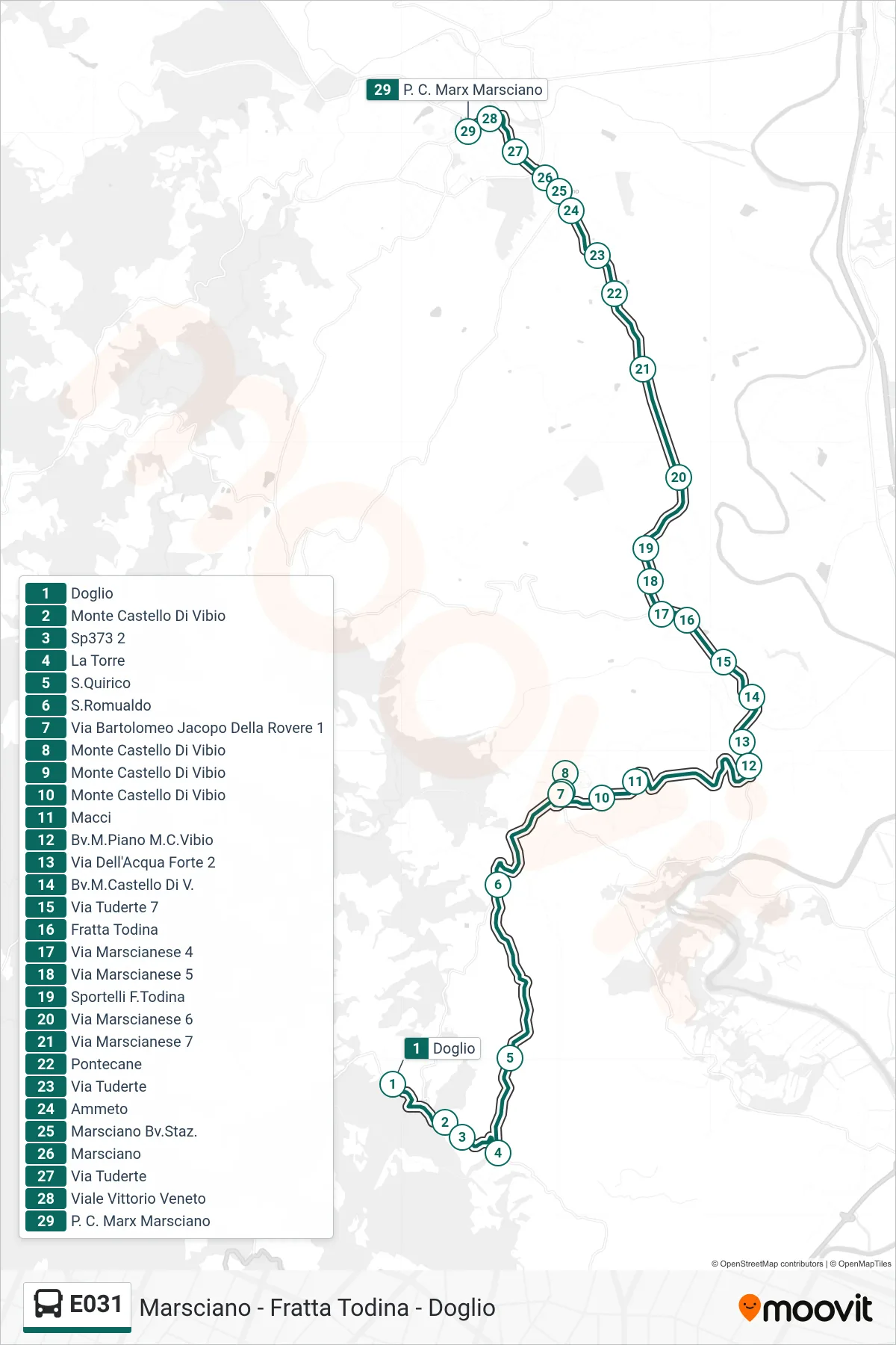 Linea E031 bus (Doglio→P. C. Marx Marsciano) - Percorsi e fermate sulla mappa