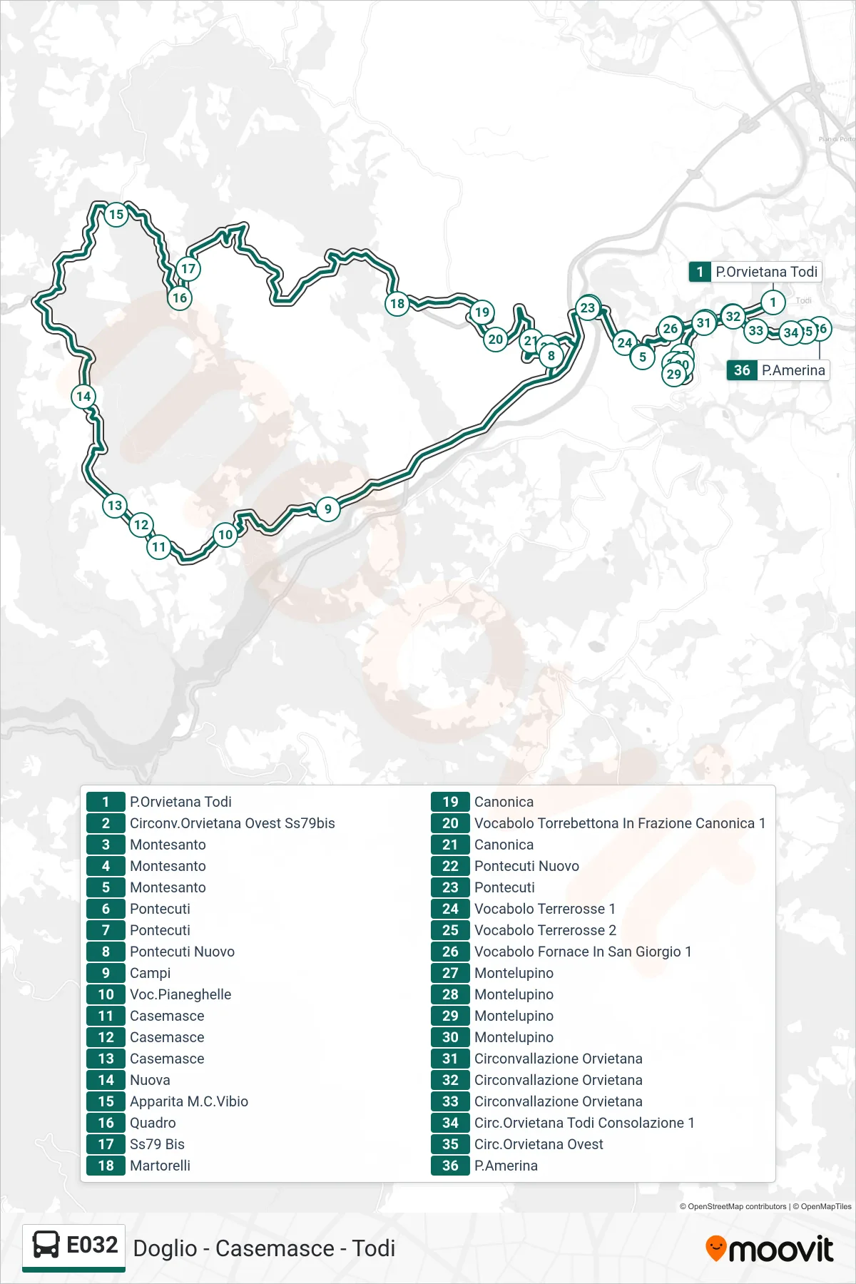 Linea E032  bus (P.Orvietana Todi‎→P.Amerina) - Percorsi e fermate sulla mappa
