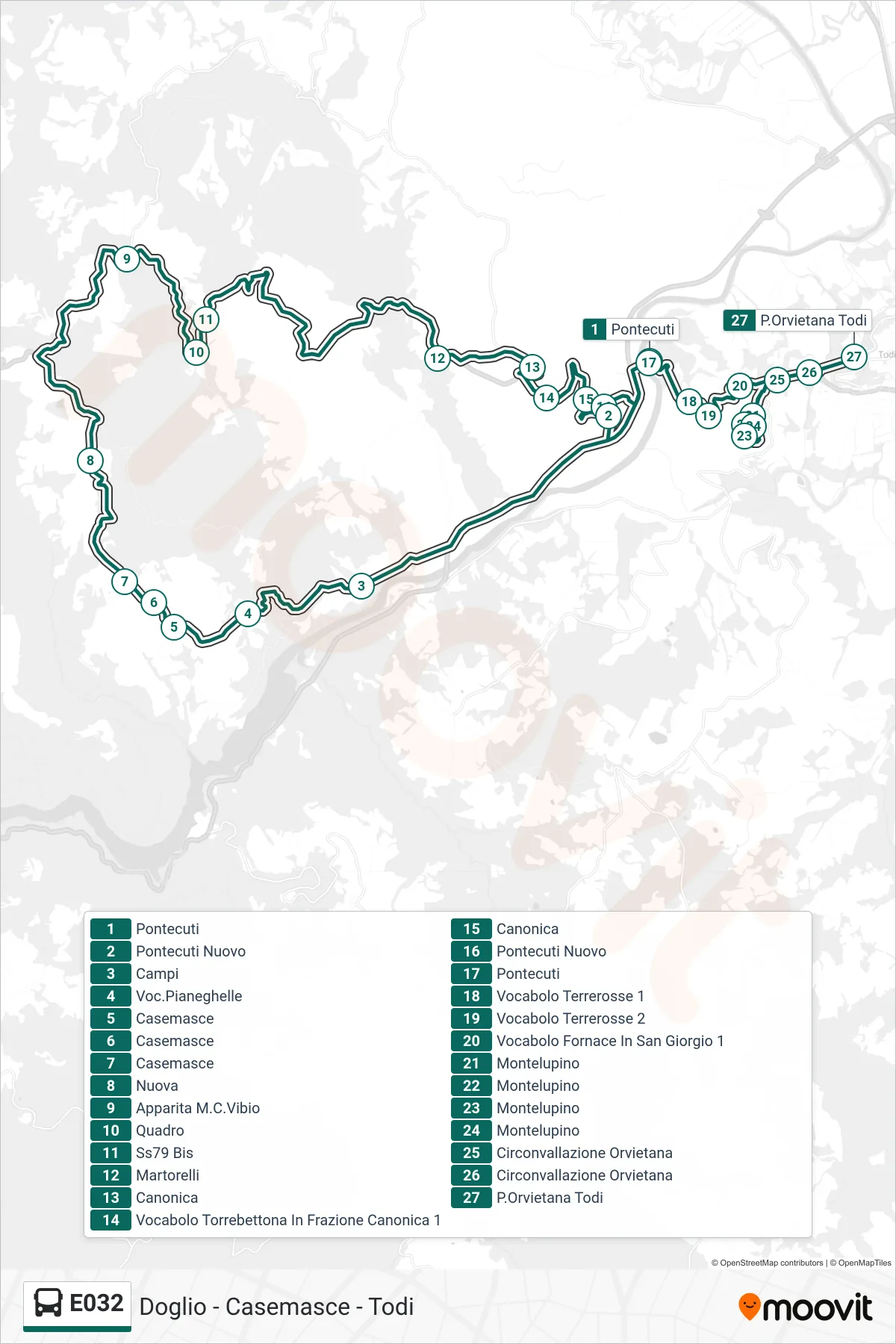 E032 bus Line (Pontecuti→Orvieto Gate Todi) route and stops on a map