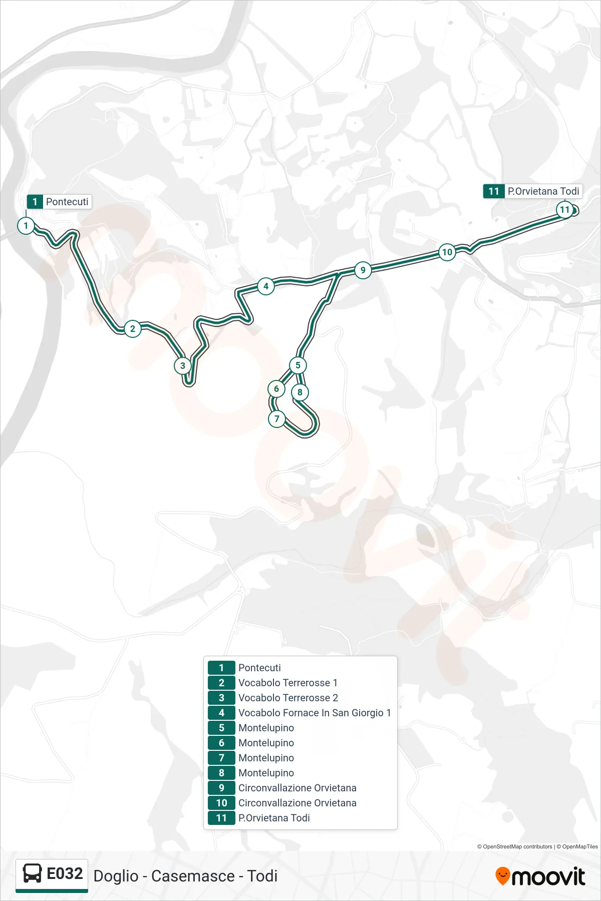 Linea E032 bus (Pontecuti→P.Orvietana Todi) - Percorsi e fermate sulla mappa