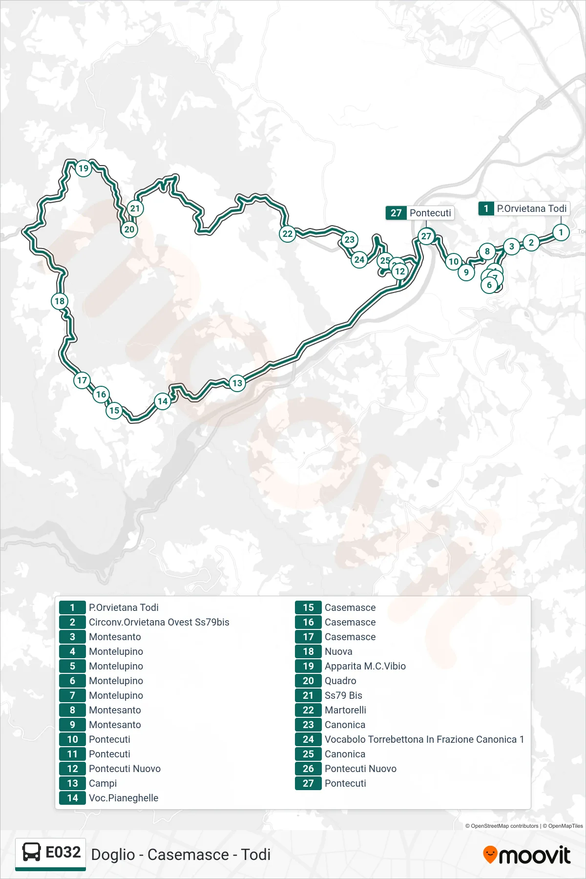 Linea E032 bus (P.Orvietana Todi→Pontecuti) - Percorsi e fermate sulla mappa