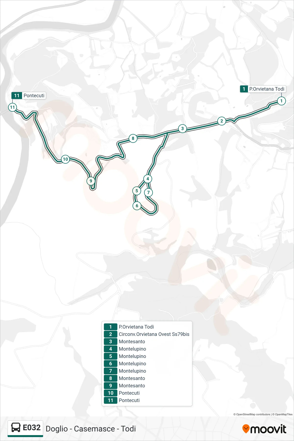 Linea E032 bus (P.Orvietana Todi→Pontecuti) - Percorsi e fermate sulla mappa