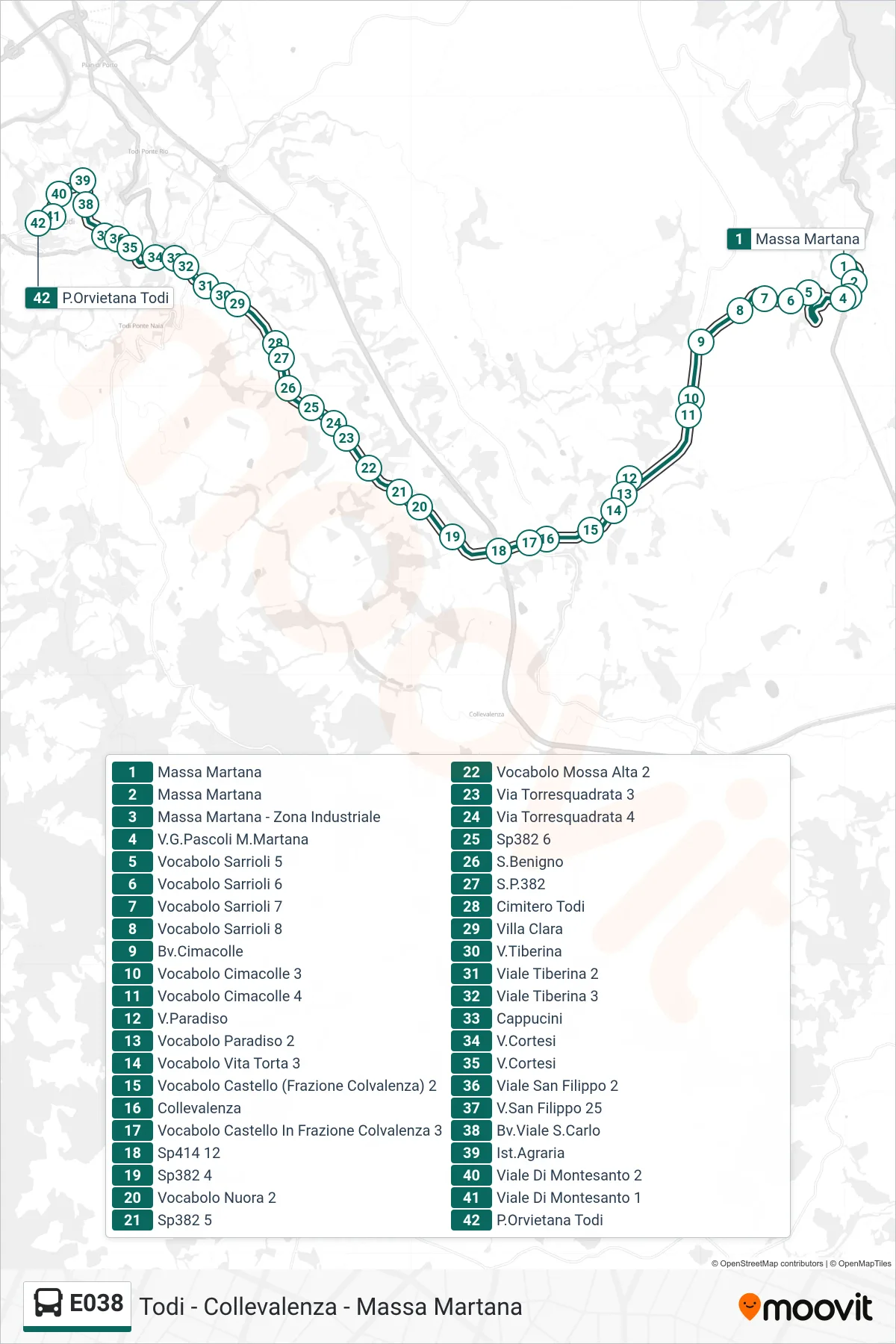 E038 bus Line (Massa Martana→Orvieto Gate Todi) route and stops on a map