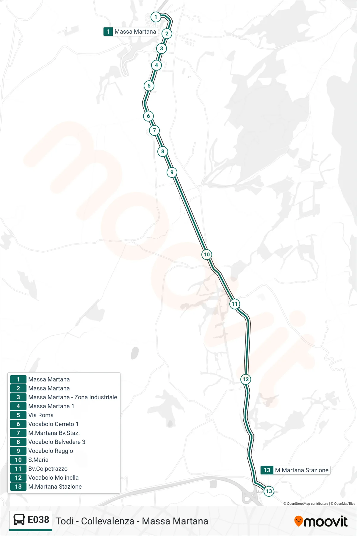 E038 bus Line (Massa Martana→Monte Martana Station) route and stops on a map