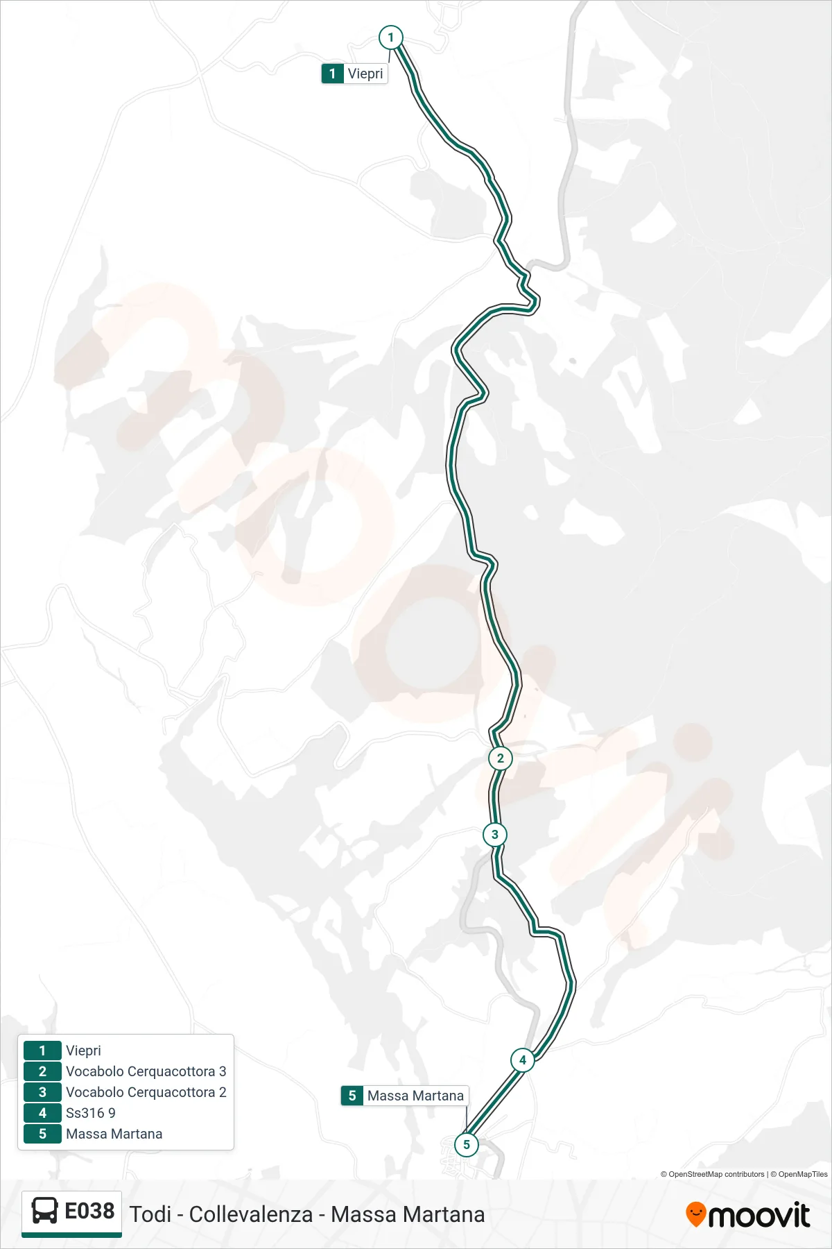 Linea E038  bus (Viepri‎→Massa Martana) - Percorsi e fermate sulla mappa