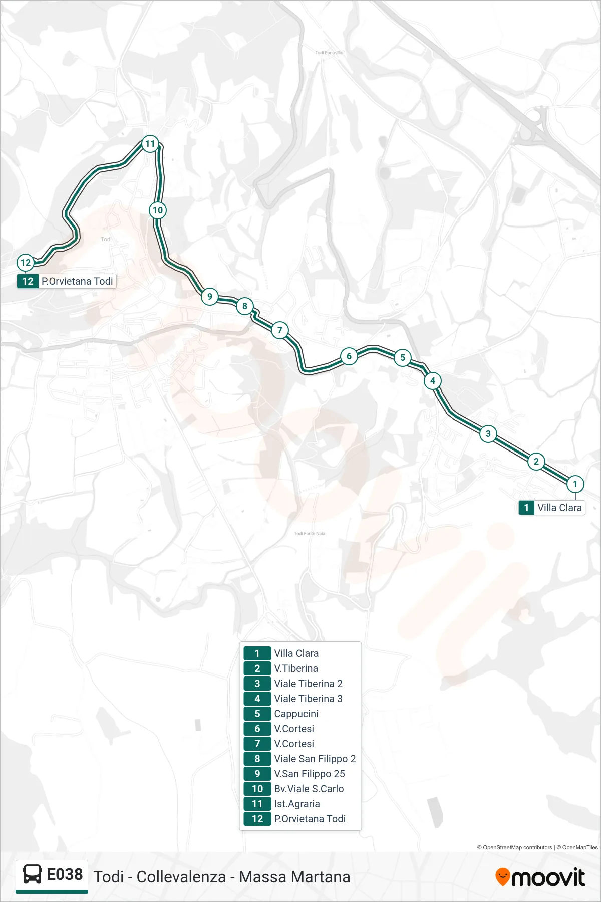 E038 bus Line (Clara Villa→Orvieto Gate Todi) route and stops on a map