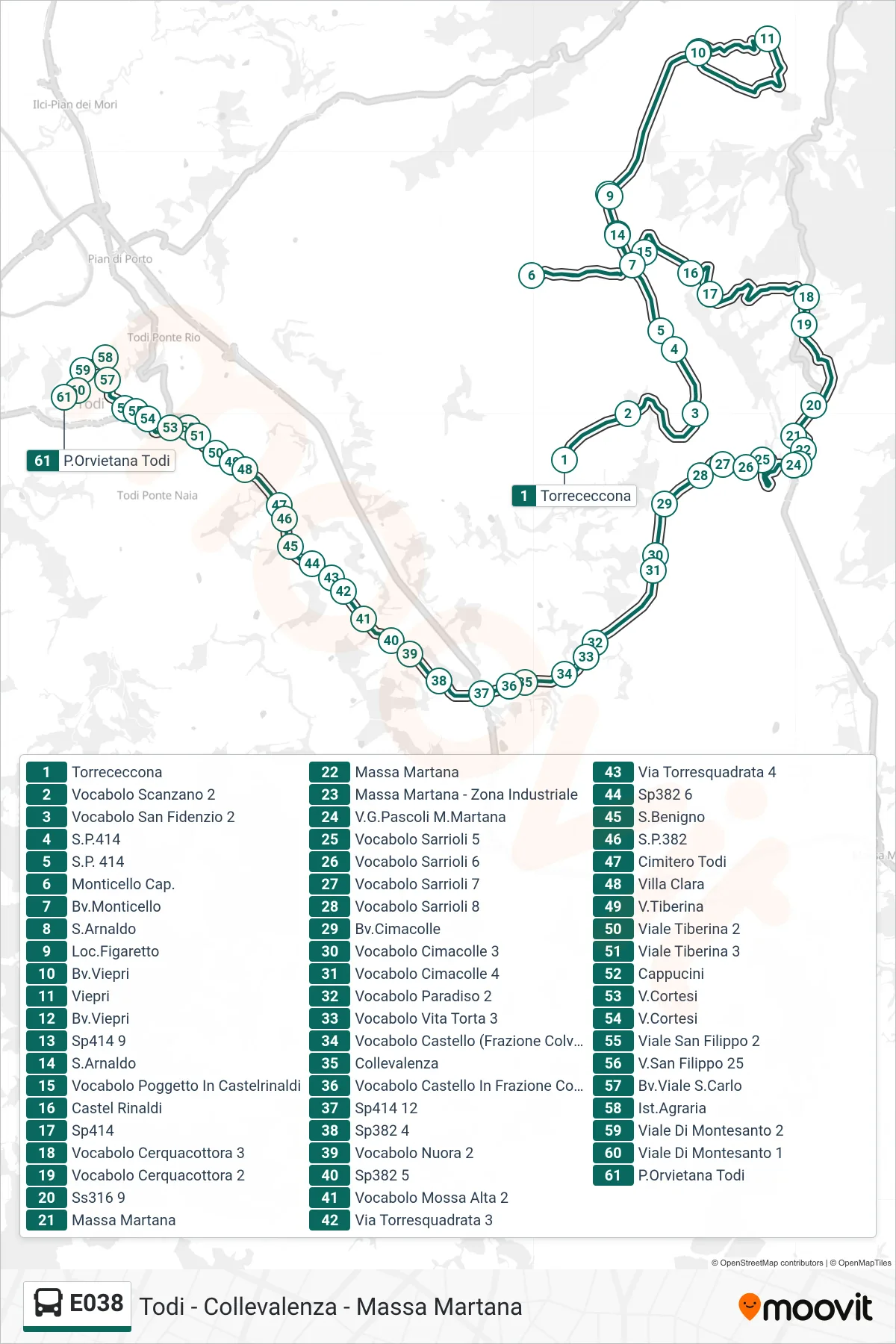 Linea E038 bus (Torrececcona→P.Orvietana Todi) - Percorsi e fermate sulla mappa