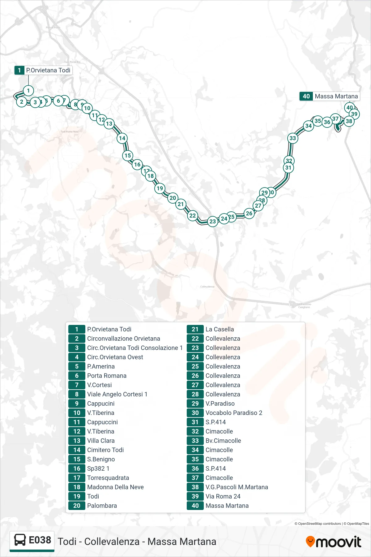 E038 bus Line (Orvieto Gate Todi‎→Massa Martana) route and stops on a map