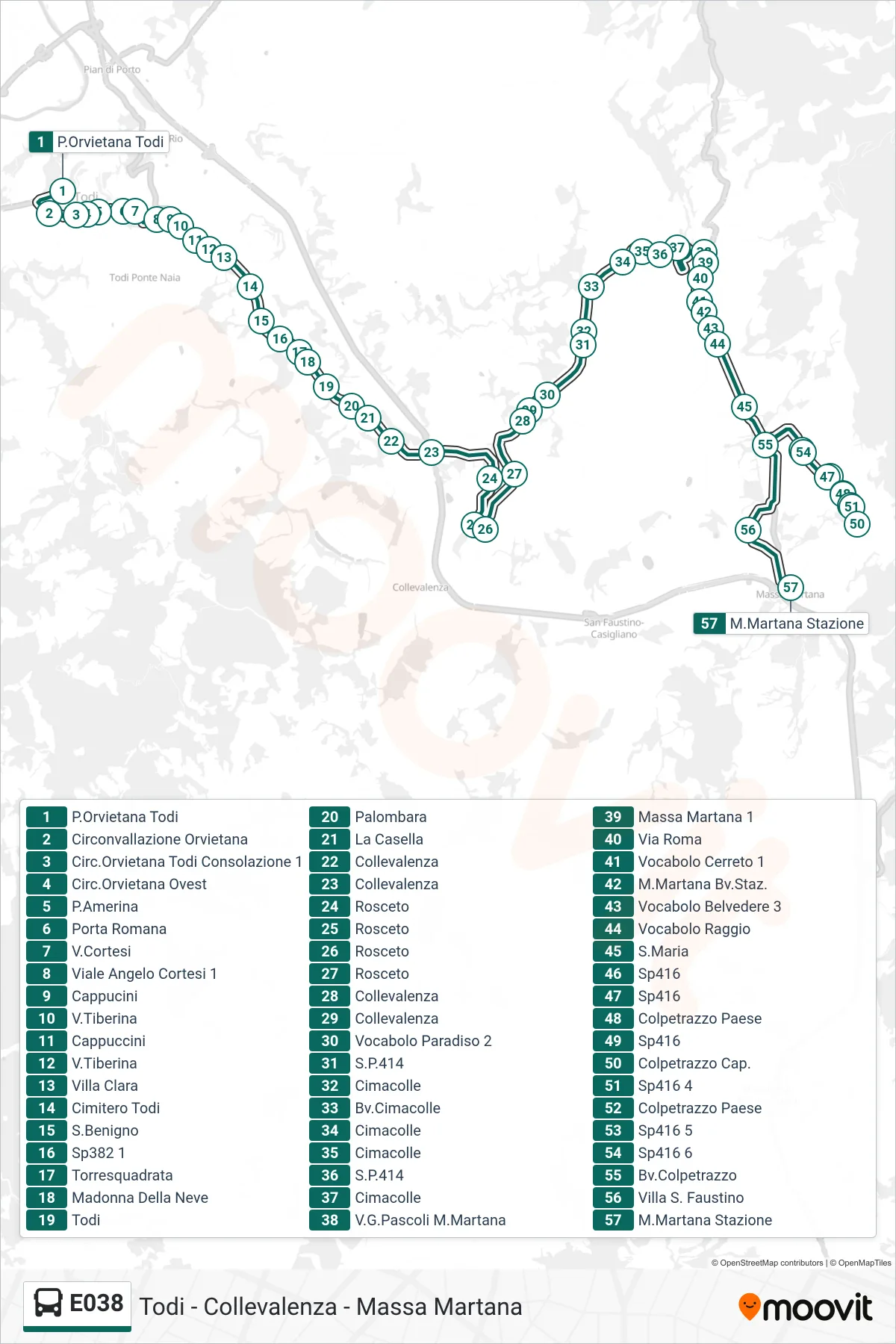 Linea E038 bus (P.Orvietana Todi→M.Martana Stazione) - Percorsi e fermate sulla mappa
