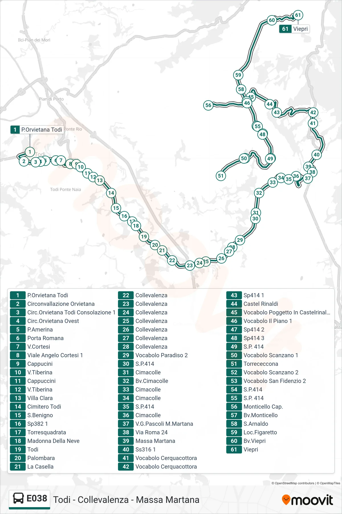 Linea E038 bus (P.Orvietana Todi→Viepri) - Percorsi e fermate sulla mappa