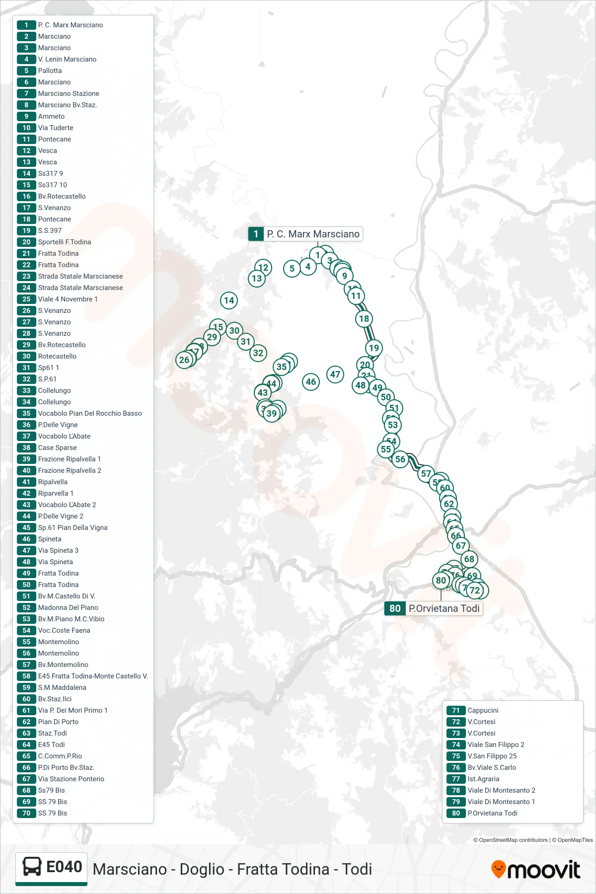 E040 bus Line (Piazza Karl Marx Marsciano‎→Orvieto Gate Todi) route and stops on a map