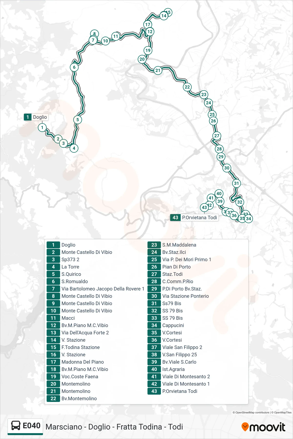 Linea E040 bus (Doglio→P.Orvietana Todi) - Percorsi e fermate sulla mappa