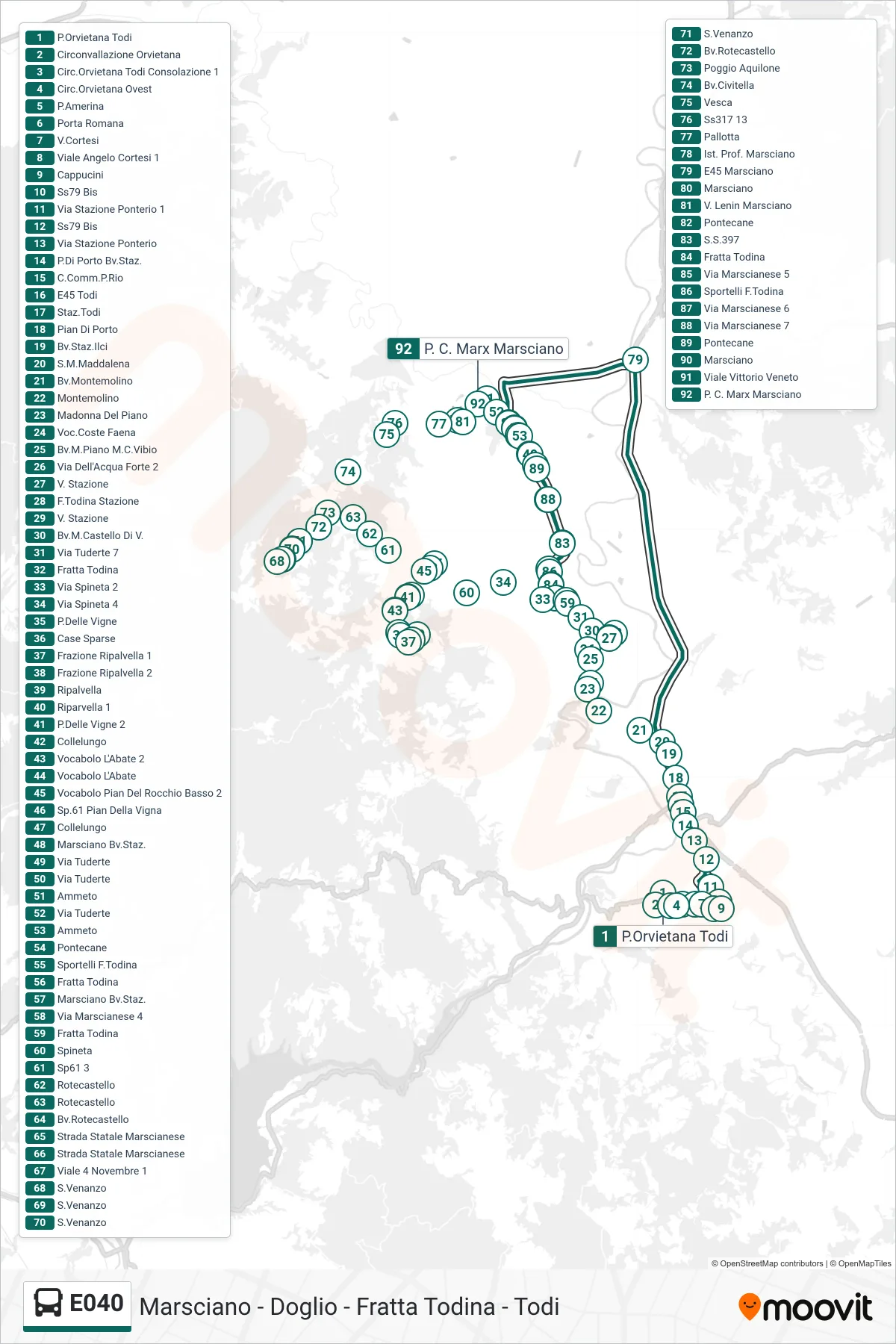 Linea E040 bus (P.Orvietana Todi→P. C. Marx Marsciano) - Percorsi e fermate sulla mappa
