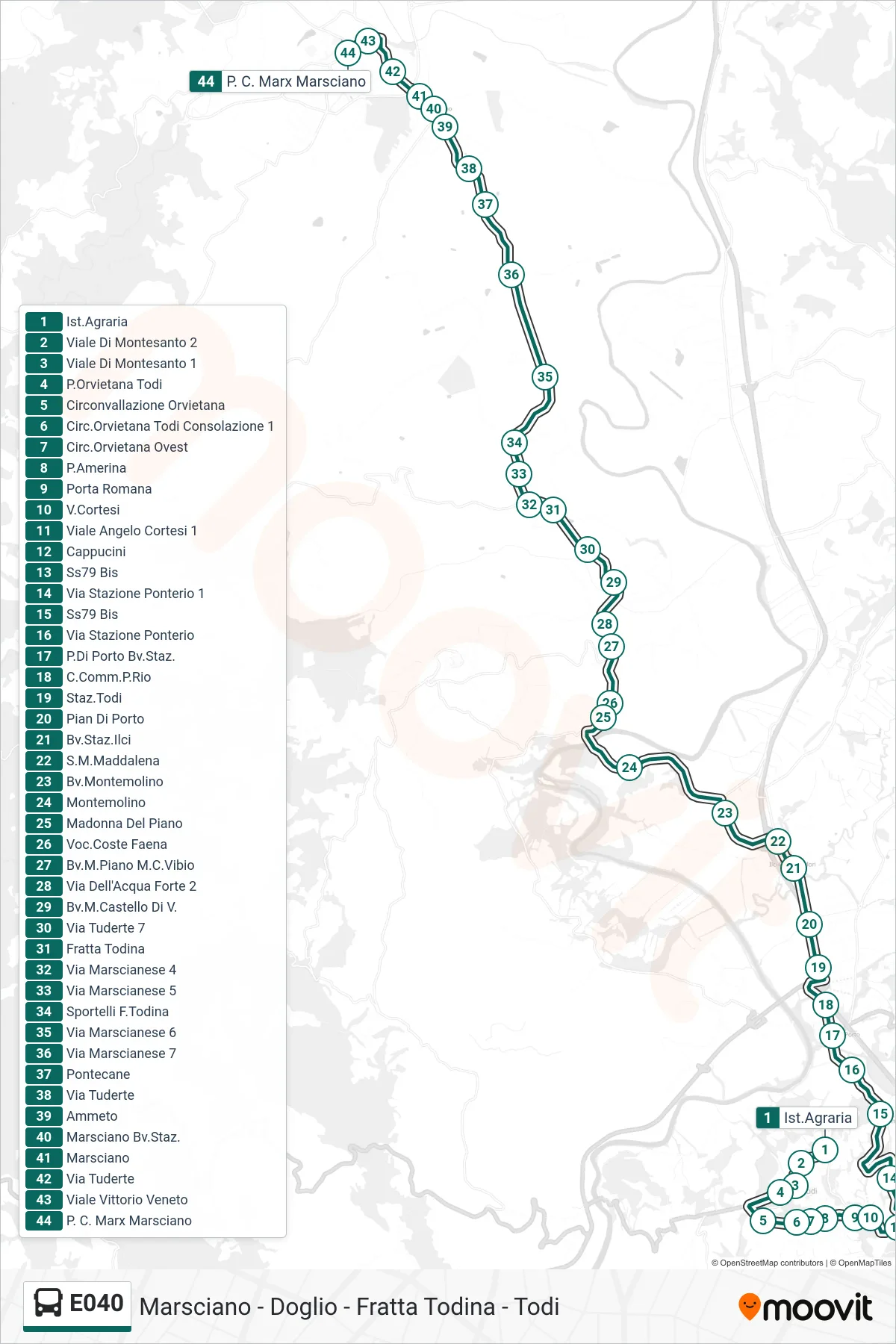 Linea E040  bus (Ist.Agraria‎→P. C. Marx Marsciano) - Percorsi e fermate sulla mappa