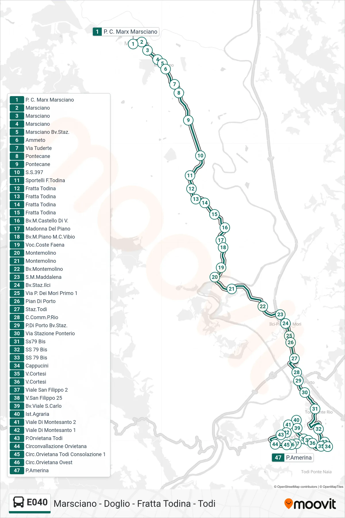 E040 bus Line (Piazza Karl Marx Marsciano‎→Via Amerina) route and stops on a map