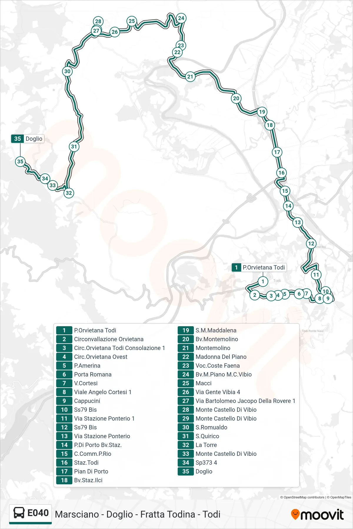 Linea E040 bus (P.Orvietana Todi→Doglio) - Percorsi e fermate sulla mappa