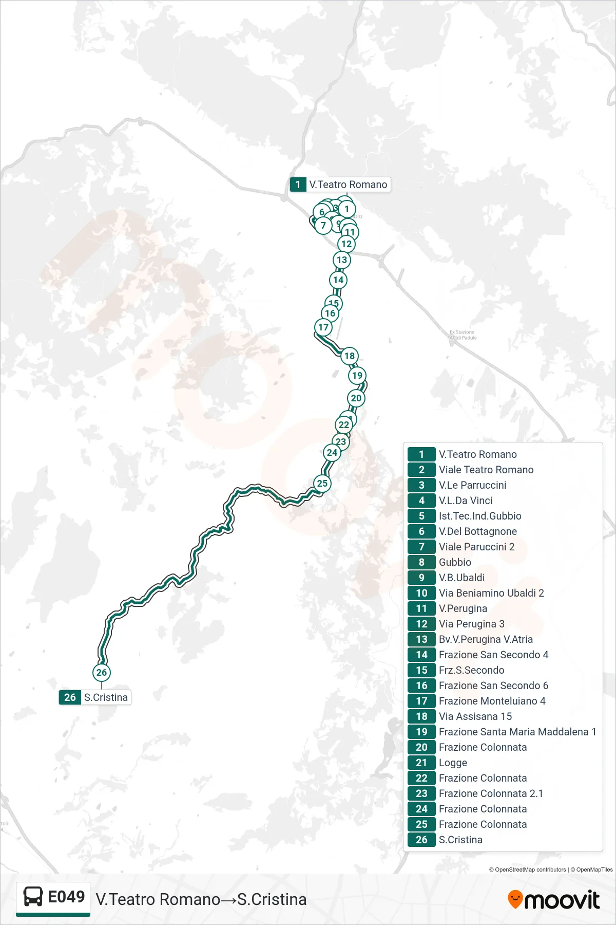 Linea E049 bus (V.Teatro Romano→S.Cristina) - Percorsi e fermate sulla mappa