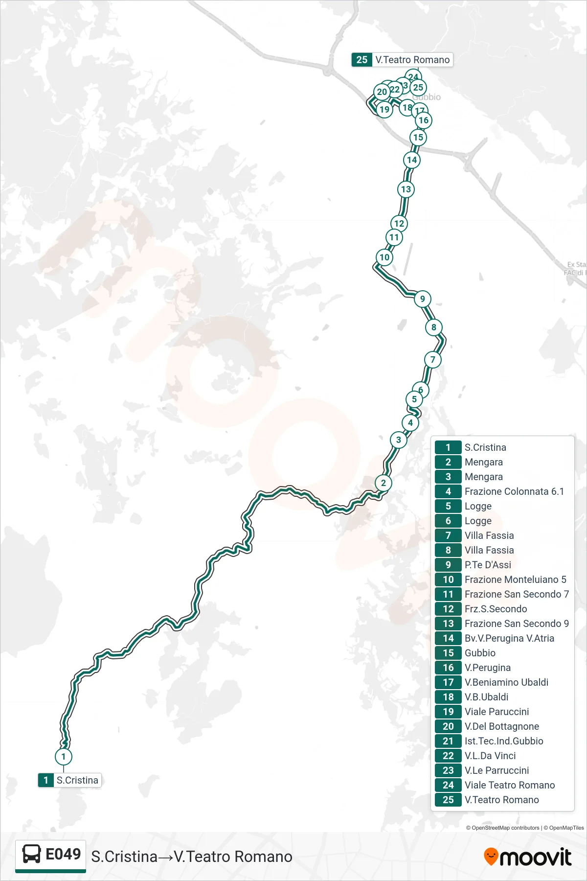 Linea E049 bus (S.Cristina→V.Teatro Romano) - Percorsi e fermate sulla mappa