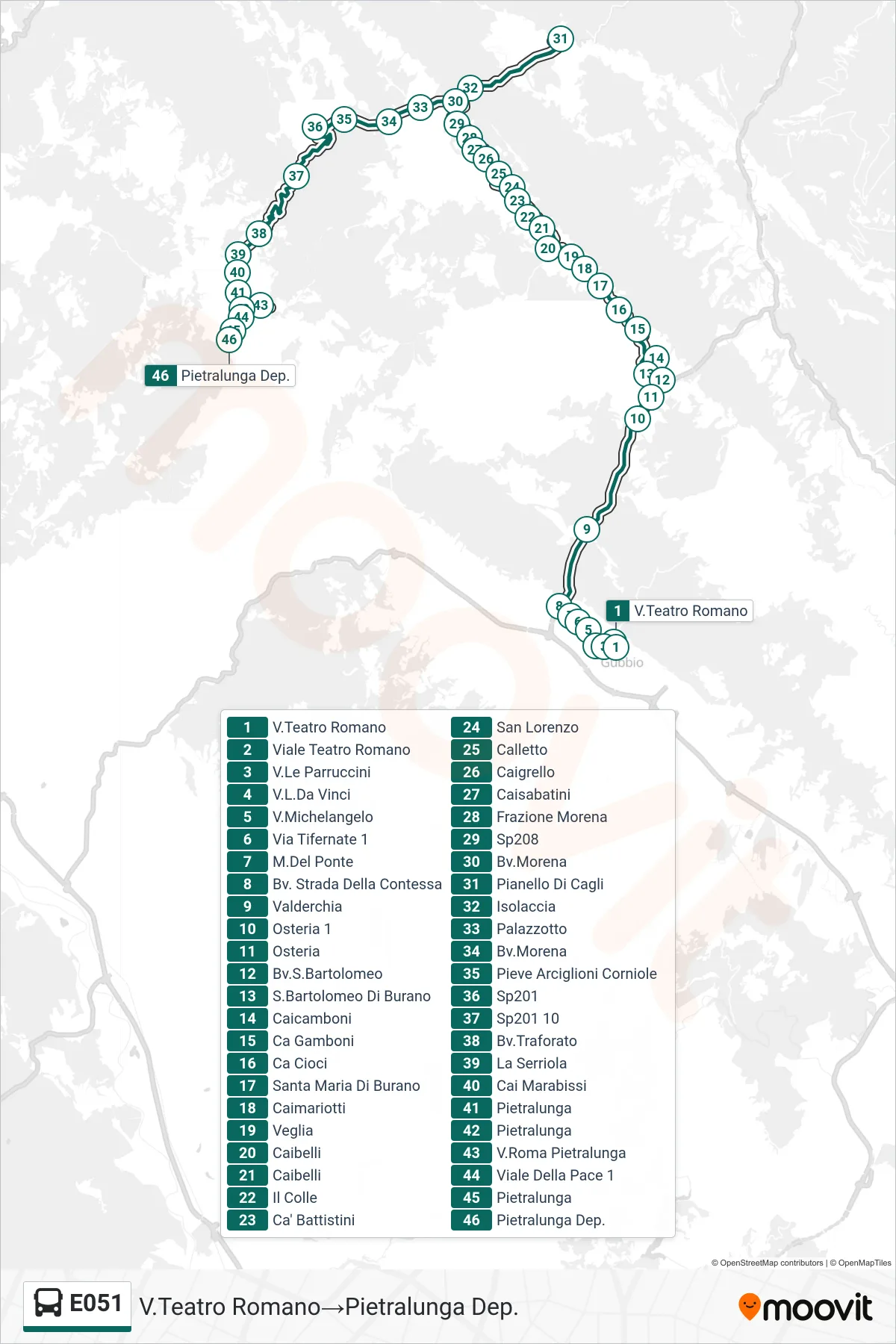 Linea E051 bus (V.Teatro Romano→Pietralunga Dep.) - Percorsi e fermate sulla mappa