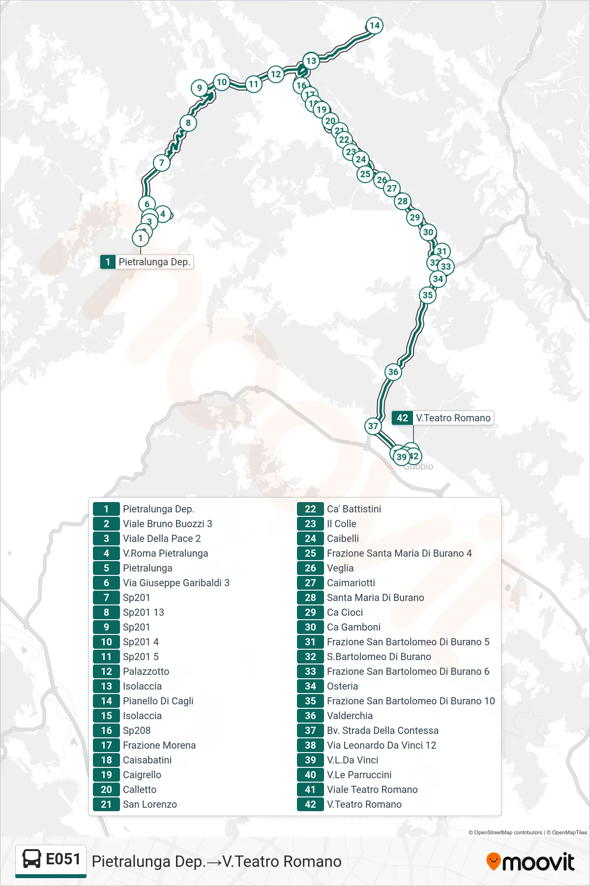 Linea E051 bus (Pietralunga Dep.→V.Teatro Romano) - Percorsi e fermate sulla mappa