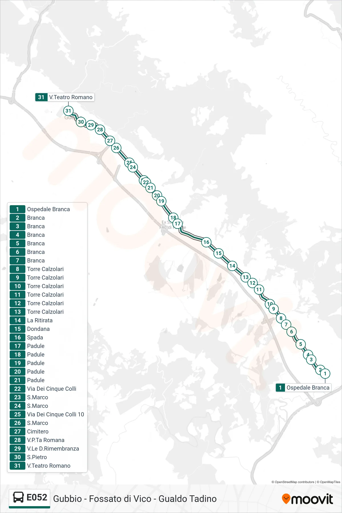 Linea E052 bus (Ospedale Branca→V.Teatro Romano) - Percorsi e fermate sulla mappa