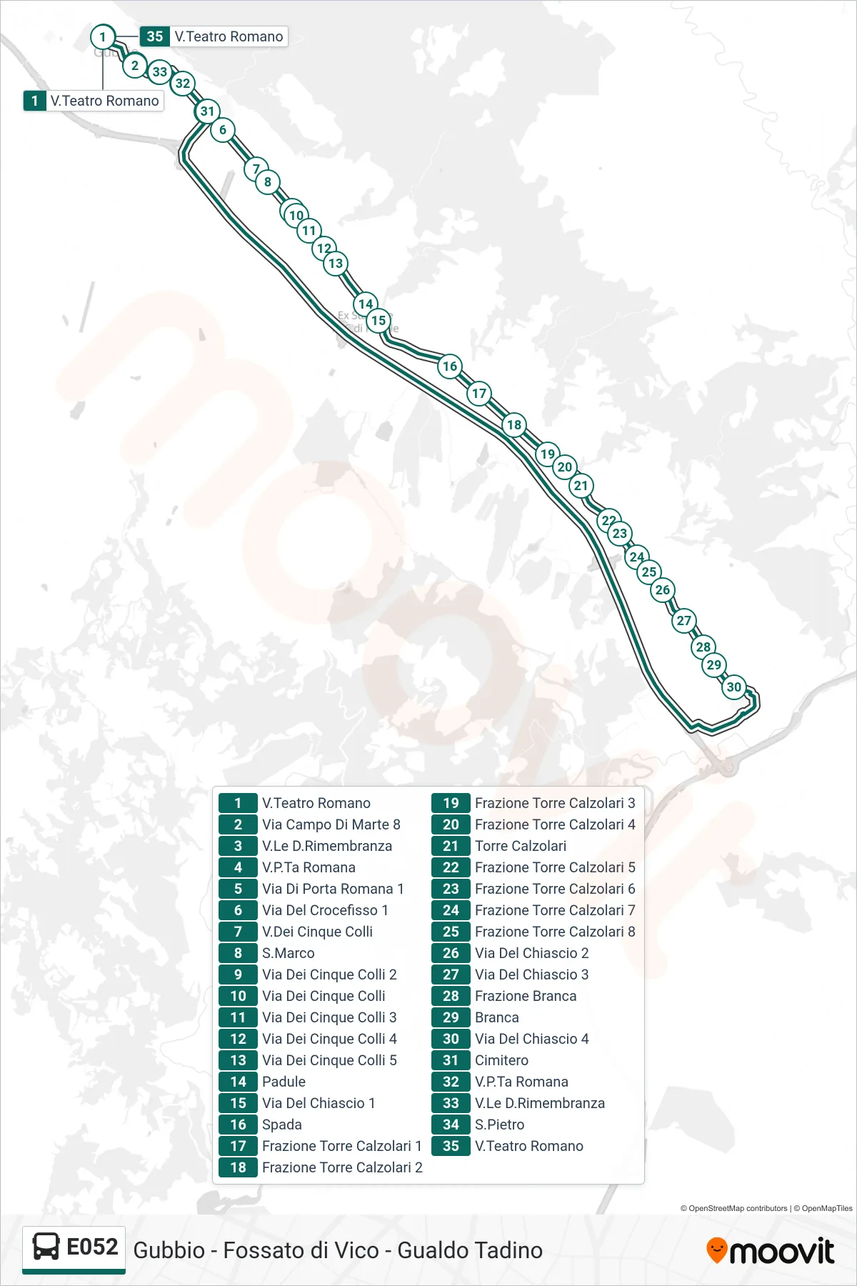 E052 bus Line (Via Teatro Romano→Via Teatro Romano) route and stops on a map